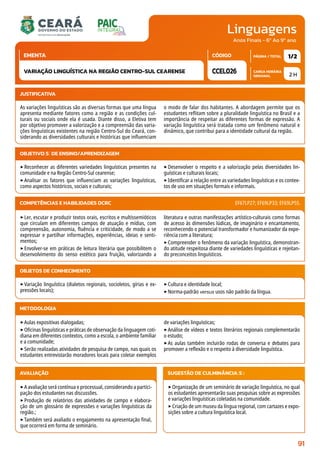 Linguagens
CARGA HORÁRIA
SEMANAL
PÁGINA / TOTAL
CÓDIGO
EMENTA
Anos Finais - 6º Ao 9º ano
2 H
1/2
CCEL026
VARIAÇÃO LINGUÍSTICA NA REGIÃO CENTRO-SUL CEARENSE
JUSTIFICATIVA
As variações linguísticas são as diversas formas que uma língua
apresenta mediante fatores como a região e as condições cul-
turais ou sociais onde ela é usada. Diante disso, a Eletiva tem
por objetivo promover a valorização e a compreensão das varia-
ções linguísticas existentes na região Centro-Sul do Ceará, con-
siderando as diversidades culturais e históricas que influenciam
o modo de falar dos habitantes. A abordagem permite que os
estudantes reflitam sobre a pluralidade linguística no Brasil e a
importância de respeitar as diferentes formas de expressão. A
variação linguística será tratada como um fenômeno natural e
dinâmico, que contribui para a identidade cultural da região.
OBJETIVO(S) DE ENSINO/APRENDIZAGEM
‣Reconhecer as diferentes variedades linguísticas presentes na
comunidade e na Região Centro-Sul cearense;
‣Analisar os fatores que influenciam as variações linguísticas,
como aspectos históricos, sociais e culturais;
‣Desenvolver o respeito e a valorização pelas diversidades lin-
guísticas e culturais locais;
‣Identificar a relação entre as variedades linguísticas e os contex-
tos de uso em situações formais e informais.
‣Ler, escutar e produzir textos orais, escritos e multissemióticos
que circulam em diferentes campos de atuação e mídias, com
compreensão, autonomia, fluência e criticidade, de modo a se
expressar e partilhar informações, experiências, ideias e senti-
mentos;
‣Envolver-se em práticas de leitura literária que possibilitem o
desenvolvimento do senso estético para fruição, valorizando a
literatura e outras manifestações artístico-culturais como formas
de acesso às dimensões lúdicas, de imaginário e encantamento,
reconhecendo o potencial transformador e humanizador da expe-
riência com a literatura;
‣Compreender o fenômeno da variação linguística, demonstran-
do atitude respeitosa diante de variedades linguísticas e rejeitan-
do preconceitos linguísticos.
COMPETÊNCIAS E HABILIDADES DCRC EF67LP27; EF69LP33; EF69LP55.
METODOLOGIA
‣Aulas expositivas dialogadas;
‣Oficinas linguísticas e práticas de observação da linguagem coti-
diana em diferentes contextos, como a escola, o ambiente familiar
e a comunidade;
‣Serão realizadas atividades de pesquisa de campo, nas quais os
estudantes entrevistarão moradores locais para coletar exemplos
de variações linguísticas;
‣Análise de vídeos e textos literários regionais complementarão
o estudo;
‣As aulas também incluirão rodas de conversa e debates para
promover a reflexão e o respeito à diversidade linguística.
OBJETOS DE CONHECIMENTO
‣Variação linguística (dialetos regionais, socioletos, gírias e ex-
pressões locais);
‣Cultura e identidade local;
‣Norma-padrão versus usos não padrão da língua.
AVALIAÇÃO
‣A avaliação será contínua e processual, considerando a partici-
pação dos estudantes nas discussões.
‣Produção de relatórios das atividades de campo e elabora-
ção de um glossário de expressões e variações linguísticas da
região.;
‣Também será avaliado o engajamento na apresentação final,
que ocorrerá em forma de seminário.
SUGESTÃO DE CULMINÂNCIA(S):
‣Organização de um seminário de variação linguística, no qual
os estudantes apresentarão suas pesquisas sobre as expressões
e variações linguísticas coletadas na comunidade.
‣Criação de um museu da língua regional, com cartazes e expo-
sições sobre a cultura linguística local.
91
 