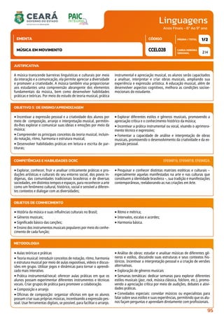 Linguagens
CARGA HORÁRIA
SEMANAL
PÁGINA / TOTAL
CÓDIGO
EMENTA
Anos Finais - 6º Ao 9º ano
2 H
1/2
CCEL028
MÚSICA EM MOVIMENTO
JUSTIFICATIVA
A música transcende barreiras linguísticas e culturais por meio
da interação e a comunicação, ela permite apreciar a diversidade
e promover a criatividade. A música também visa proporcionar
aos estudantes uma compreensão abrangente dos elementos
fundamentais da música, bem como desenvolver habilidades
práticas e teóricas. Por meio do estudo de teoria musical, prática
instrumental e apreciação musical, os alunos serão capacitados
a analisar, interpretar e criar obras musicais, ampliando sua
experiência e expressão artística. A educação musical, além de
desenvolver aspectos cognitivos, melhora as condições socioe-
mocionais do estudante.
OBJETIVO(S) DE ENSINO/APRENDIZAGEM
‣Incentivar a expressão pessoal e a criatividade dos alunos por
meio de composição, arranjo e interpretação musical, permitin-
do-lhes explorar e comunicar suas ideias e emoções por meio da
música;
‣Compreender os principais conceitos da teoria musical, incluin-
do notação, ritmo, harmonia e estrutura musical;
‣Desenvolver habilidades práticas em leitura e escrita de par-
tituras;
‣Explorar diferentes estilos e gêneros musicais, promovendo a
apreciação crítica e o conhecimento histórico da música;
‣Incentivar a prática instrumental ou vocal, visando o aprimora-
mento técnico e expressivo;
‣Fomentar a capacidade de análise e interpretação de obras
musicais, promovendo o desenvolvimento da criatividade e da ex-
pressão pessoal.
‣Explorar, conhecer, fruir e analisar criticamente práticas e pro-
duções artísticas e culturais do seu entorno social, dos povos in-
dígenas, das comunidades tradicionais brasileiras e de diversas
sociedades, em distintos tempos e espaços, para reconhecer a arte
como um fenômeno cultural, histórico, social e sensível a diferen-
tes contextos e dialogar com as diversidades;
‣Pesquisar e conhecer distintas matrizes estéticas e culturais –
especialmente aquelas manifestadas na arte e nas culturas que
constituem a identidade brasileira –, sua tradição e manifestações
contemporâneas, reelaborando-as nas criações em Arte.
COMPETÊNCIAS E HABILIDADES DCRC EF69AR16; EF69AR18; EF69AR24.
METODOLOGIA
‣Aulas teóricas e práticas
‣Teoria musical: introduzir conceitos de notação, ritmo, harmonia
e estrutura musical por meio de aulas expositivas, vídeos e discus-
sões em grupo. Utilizar jogos e dinâmicas para tornar o aprendi-
zado mais interativo.
‣Prática instrumental/vocal: oferecer aulas práticas em que os
alunos possam experimentar diferentes instrumentos e técnicas
vocais. Criar grupos de prática para promover a colaboração.
‣Composição e arranjo
‣Oficinas de composição: organizar oficinas em que os alunos
possam criar suas próprias músicas, incentivando a expressão pes-
soal. Usar ferramentas digitais, se possível, para facilitar o arranjo.
‣Análise de obras: estudar e analisar músicas de diferentes gê-
neros e estilos, discutindo suas estruturas e seus contextos his-
tóricos. Incentivar a interpretação pessoal e a criação de versões
alternativas.
‣Exploração de gêneros musicais
‣Semanas temáticas: dedicar semanas para explorar diferentes
estilos musicais (jazz, rock, música clássica, folclore, etc.), promo-
vendo a apreciação crítica por meio de audições, debates e ativi-
dades práticas.
‣Convidados especiais: convidar músicos ou especialistas para
falar sobre seus estilos e suas experiências, permitindo que os alu-
nos façam perguntas e aprendam diretamente com profissionais.
OBJETOS DE CONHECIMENTO
‣História da música e suas influências culturais no Brasil;
‣Gêneros musicais;
‣Significado básico das canções;
‣Ensino dos instrumentos musicais populares por meio do conhe-
cimento de cada função;
‣Ritmo e métrica;
‣Intervalos, escalas e acordes;
‣Harmonia básica.
95
 