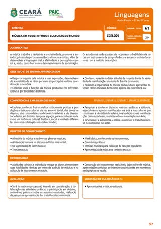 Linguagens
CARGA HORÁRIA
SEMANAL
PÁGINA / TOTAL
CÓDIGO
EMENTA
Anos Finais - 6º Ao 9º ano
2 H
1/2
CCEL029
MÚSICA EM FOCO: RITMOS E CULTURAS DO MUNDO
JUSTIFICATIVA
A música trabalha o raciocínio e a criatividade, promove a au-
todisciplina e desperta a consciência rítmica e estética, além de
desenvolver a linguagem oral, a afetividade, a percepção corpo-
ral e, ainda, contribuir com o desenvolvimento da socialização.
Os estudantes serão capazes de reconhecer a habilidade de to-
car um instrumento de sua preferência e encantar os interlocu-
tores com a melodia de canções.
OBJETIVO(S) DE ENSINO/APRENDIZAGEM
‣Despertar o gosto pela música e suas expressões, desenvolven-
do a sensibilidade ao ritmo por meio da percepção auditiva, coor-
denação e memória.
‣Conhecer usos e funções da música produzida em diferentes
épocas e por sociedades distintas.
‣Conhecer, apreciar e adotar atitudes de respeito diante da varie-
dade de manifestações musicais do Brasil e do mundo;
‣Perceber a importância da música como cultura; apresentar di-
versos ritmos musicais, bem como apreciá-los e identificá-los.
‣Explorar, conhecer, fruir e analisar criticamente práticas e pro-
duções artísticas e culturais do seu entorno social, dos povos in-
dígenas, das comunidades tradicionais brasileiras e de diversas
sociedades, em distintos tempos e espaços, para reconhecer a arte
como um fenômeno cultural, histórico, social e sensível a diferen-
tes contextos e dialogar com as diversidades;
‣Pesquisar e conhecer distintas matrizes estéticas e culturais,
especialmente aquelas manifestadas na arte e nas culturas que
constituem a identidade brasileira, sua tradição e suas manifesta-
ções contemporâneas, reelaborando-as nas criações em Arte;
‣Desenvolver a autonomia, a crítica, a autoria e o trabalho coleti-
vo e colaborativo nas artes.
COMPETÊNCIAS E HABILIDADES DCRC EF69AR01; EF69AR16; EF69AR17; EF69AR23; EF69AR33.
METODOLOGIA
‣Atividades coletivas e individuais em que os alunos demonstrem
suas habilidades rítmicas por meio da audição de músicas e na
utilização de instrumentos musicais.
‣Construção de instrumentos recicláveis, laboratório de música,
apresentações artísticas de incentivo aos iniciantes em momentos
pedagógicos na escola.
OBJETOS DE CONHECIMENTO
‣A história da música e os diversos gêneros musicais;
‣A interação humana no discurso artístico não verbal;
‣Os significados do fazer musical;
‣Teoria musical;
‣Nível básico, conhecendo os instrumentos;
‣Conteúdos práticos;
‣Técnicas musicais para execução de canções populares;
‣Apresentação da música no contexto escolar;
AVALIAÇÃO
‣Será formativa e processual, levando em consideração: a co-
laboração nas atividades práticas, a participação em debates,
seminários, palestras sobre os assuntos estudados, realização
de pesquisa e apresentação dos trabalhos de culminância.
SUGESTÃO DE CULMINÂNCIA(S):
‣Apresentações artísticas–culturais.
97
 