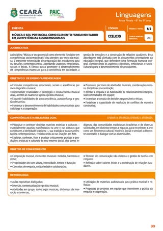 Linguagens
CARGA HORÁRIA
SEMANAL
PÁGINA / TOTAL
CÓDIGO
EMENTA
Anos Finais - 6º Ao 9º ano
2 H
1/2
CCEL030
MÚSICA E SEU POTENCIAL COMO ELEMENTO FUNDAMENTADOR
EM COMPETÊNCIAS SOCIOEMOCIONAIS
JUSTIFICATIVA
A disciplina “Música e seu potencial como elemento fundador em
competências socioemocionais” visa atender, por meio da músi-
ca, à crescente necessidade de preparação dos estudantes para
os desafios contemporâneos, abordando aspectos emocionais,
sociais e éticos. A Eletiva busca promover o desenvolvimento
de competências essenciais para a convivência em sociedade, a
gestão de emoções e a construção de relações saudáveis. Essa
abordagem está alinhada com os documentos orientadores da
educação integral, que defendem uma formação humana inte-
gral, considerando os aspectos cognitivos, emocionais e socio-
culturais para o desenvolvimento dos estudantes.
OBJETIVO(S) DE ENSINO/APRENDIZAGEM
‣Estimular competências emocionais, sociais e acadêmicas por
meio da prática musical;
‣Desenvolver criatividade e percepção e escuta/escrita musical
ativa, atentos às nuances e aptos à prática musical;
‣Expandir habilidades de autoconsciência, autoconfiança e ges-
tão de tarefas;
‣Fomentar o desenvolvimento de habilidades comunicativas para
o diálogo e a cooperação;
‣Promover, por meio de atividades musicais, coordenação moto-
ra, disciplina e concentração;
‣Alentar a empatia e as habilidades de relacionamento interpes-
soal com trabalho em equipe;
‣Incentivar a tomada de decisões responsáveis e éticas;
‣Fortalecer a capacidade de resolução de conflitos de maneira
construtiva;
‣Pesquisar e conhecer distintas matrizes estéticas e culturais –
especialmente aquelas manifestadas na arte e nas culturas que
constituem a identidade brasileira –, sua tradição e suas manifes-
tações contemporâneas, reelaborando-as nas criações em Arte.
‣Explorar, conhecer, fruir e analisar criticamente práticas e pro-
duções artísticas e culturais do seu entorno social, dos povos in-
dígenas, das comunidades tradicionais brasileiras e de diversas
sociedades, em distintos tempos e espaços, para reconhecer a arte
como um fenômeno cultural, histórico, social e sensível a diferen-
tes contextos e dialogar com as diversidades.
COMPETÊNCIAS E HABILIDADES DCRC EF69AR19; EF69AR20; EF69AR21; EF69AR24.
METODOLOGIA
‣Aulas expositivas dialogadas;
‣Imersão, contextualização e prática musical;
‣Atividades em grupo, como jogos musicais, dinâmicas de inte-
ração e conversas;
‣Utilização de materiais audiovisuais para prática musical e re-
flexão;
‣Propostas de projetos em equipe que incentivem a prática da
empatia e cooperação.
OBJETOS DE CONHECIMENTO
‣Composição musical, elementos musicais: melodia, harmonia e
ritmo;
‣Propriedades do som: altura, intensidade, timbre e duração;
‣Conceitos de empatia, solidariedade e colaboração;
‣Técnicas de comunicação não violenta e gestão de tarefas em
conjunto;
‣Reflexão sobre valores éticos e a construção de relações sau-
dáveis.
99
 