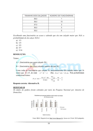 Escolhendo uma funcionária ao acaso e sabendo que ela tem calçado maior que 36,0, a
probabilidade de ela calçar 38,0 é:
   a) 1/3
   b) 1/5
   c) 2/5
   d) 5/7
   e) 5/14

RESOLUÇÃO:

Temos:

   A = {funcionárias que usam calçado 38};

   B = {funcionárias que usam calçados maiores do que 36}.

   Como todas as funcionárias que calçam 38, necessariamente têm calçado maior que 36
   temos que A B , de onde A B A .Daí, P ( A B ) P ( A ). Pela probabilidade
   condicional temos:
                                                     10
                                     P(A       B)         25    10     5
                        P(A / B)
                                        P(B)         14         14     7
                                                          25
Resposta correta: Alternativa D.

QUESTAO 10
Os dados do gráfico foram coletados por meio da Pesquisa Nacional por Amostra de
Domicílios.




                       Fonte: IBGE. Disponível em: http://www.ibge.gov.br. Acesso em: 28 abr. 2010 (adaptado).


                                                10
 