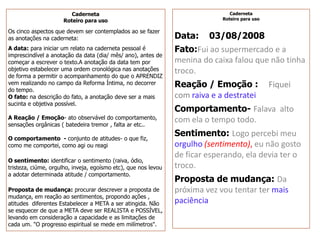 Caderneta
Roteiro para uso
Os cinco aspectos que devem ser contemplados ao se fazer
as anotações na caderneta:
A data: para iniciar um relato na caderneta pessoal é
imprescindível a anotação da data (dia/ mês/ ano), antes de
começar a escrever o texto.A anotação da data tem por
objetivo estabelecer uma ordem cronológica nas anotações
de forma a permitir o acompanhamento do que o APRENDIZ
vem realizando no campo da Reforma Íntima, no decorrer
do tempo.
O fato: na descrição do fato, a anotação deve ser a mais
sucinta e objetiva possível.
A Reação / Emoção- ato observável do comportamento,
sensações orgânicas ( batedeira tremor , falta ar etc..
O comportamento - conjunto de atitudes- o que fiz,
como me comportei, como agi ou reagi
O sentimento: identificar o sentimento (raiva, ódio,
tristeza, ciúme, orgulho, inveja, egoísmo etc), que nos levou
a adotar determinada atitude / comportamento.
Proposta de mudança: procurar descrever a proposta de
mudança, em reação ao sentimentos, propondo ações ,
atitudes diferentes Estabelecer a META a ser atingida. Não
se esquecer de que a META deve ser REALISTA e POSSÍVEL,
levando em consideração a capacidade e as limitações de
cada um. "O progresso espiritual se mede em milímetros".
Caderneta
Roteiro para uso
Data: 03/08/2008
Fato:Fui ao supermercado e a
menina do caixa falou que não tinha
troco.
Reação / Emoção : Fiquei
com raiva e a destratei
Comportamento- Falava alto
com ela o tempo todo.
Sentimento: Logo percebi meu
orgulho (sentimento), eu não gosto
de ficar esperando, ela devia ter o
troco.
Proposta de mudança: Da
próxima vez vou tentar ter mais
paciência
 