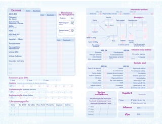 Gestas
Ectópica
Pré-eclâmp.
Eclâmpsia
Bebê 2.500g
Bebê 4.500g
SIMNÃO
SIMNÃO
SIMNÃO
SIMNÃO
Diabetes
Infecção urinária
Infertilidade
Dific. amamentação
GestaçõesAbortos
Parto vaginal Nascidos vivos
3 ou + abortos
Parto Nascidos
mortos
Cesárea
2 cesáreas prévias Final da gestação
anterior há1ano
Antecedentes clínicos obstétricos
Hipertensão arterial
Pré-eclâmpsia/eclâmp.
Cardiopatia
Diabetes gestacional
Uso de insulina
Hemorragia 1º trim.
Hemorragia 2º trim.
Hemorragia 3º trim.
Exantema/rash cutâneo
Cardiopatia
Tromboembolismo
Hipertensão arterial
Outros
Gestação atual
Cir. pélv. uterina
Anemia
Inc. istmocervical
Ameaça de parto premat.
Isoimunização Rh
Oligo/polidrâmnio
Rut. prem. membrana
CIUR
Pós-datismo
Febre
Outros
Fumo (nº de cigarros)
Álcool
Outras drogas
Violência doméstica
HIV/Aids
Sífilis
Toxoplasmose
Infecção urinária 
Cirurgia
Vacina
antitetânica
Sem informação de imunização
Imunizada há menos de 5 anos
Imunizada há mais de 5 anos
Hepatite B
Influenza1ª dose / /
2ª dose / /
3ª dose / /
Reforço / /
1ª dose / / 2ª dose (1mêsapósa1ªdose) / /
3ª dose (6mesesapósa1ªdose) / /
dTpa
Outros
Antecedentes familiares
Diabetes Hipertensão arterial Gemelar Outros
SIMNÃO SIMNÃO SIMNÃO
/ // / / / /
1º mês 2º mês 3º mês 4º mês 5º mês 6º mês 7º mês 8º mês 9º mês
1º mês 2º mês 3º mês 4º mês 5º mês 6º mês 7º mês 8º mês 9º mês
Malária
Data IG DUM IG USG Peso fetal Placenta Líquido Outros
Suplementação Ácido fólico
Suplementação Sulfato ferroso
Ultrassonografia
Data Resultado
SIM
NÃO
/ /
/ /
/ /
Somente para gestantes da Região Amazônica.
SIM
NÃO
Neg.
Pos.
Exames
ABO-RH
Glicemia
Teste Oral de
Sífilis
VDRL
HIV/Anti HIV
Hepatite B - HBsAg
Toxoplasmose
Hemoglobina
Urina-EAS
Urina-Cultura
Coombs Indireto
0utro
0utro
0utro
de Jejum
Hematócrito
(teste rápido)
Tolerância a Glicose
(teste rápido)
Eletroforese
de Hemoglobina
Padrão AA
Heterozigose AS
AC
Homozigose SS
SC
0utros
0utros
1ª dose / / 2ª dose / / 3ª dose / /
Tratamento para Sífilis
Data Resultado
Data Resultado
/
/
/
/
/
/
/
/
/
/
/
/
/
/
/
/
/
/
/
/
/
/
/
/
/
/
/
/
/
/
/
/
/
/
/
/
/
data / /
data / /
Imunizada
 