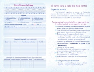 O parto está a cada dia mais perto!
Sugestões práticas
	 Você conseguiu organizar as roupas e as fraldas de
que seu bebê vai precisar? Se tiver dificuldades com o
enxoval, peça orientações na Unidade Básica de Saúde sobre
locais de apoio para esse fim em seu município.
Peça a seu(sua) companheiro(a) ou alguém próximo
de você para ajudá-la nas seguintes tarefas:
      Organizar documentos para levar no momento do parto
e para entrar com a licença-maternidade.
      Fazer a lista de telefones úteis. Comprar mantimentos
para quando vocês chegarem da maternidade.
      Colocar na sacola o que vocês vão levar:
       – roupas e fraldas para o bebê, roupas para você,
absorventes, casaco ou manta para seu acompanhante
durante a noite, produtos de higiene pessoal;
       – Carteira de Identidade ou Certidão de Nascimento;
       – esta caderneta e a Caderneta de Saúde, se for
adolescente;
       – cartão do SUS, se possuir.
      Se você é estudante, já solicitou o atestado para o
afastamento de suas atividades escolares?
      Se você tem outros filhos, quem ficará com eles
enquanto estiver na maternidade?
      Você já escolheu quem será seu acompanhante?
	 Você já visitou a maternidade?
Conhecer a maternidade pode deixar você mais
confiante e tranquila no momento do parto.
Consulta odontológica
48 47 46 45 44 43 42 41
18 17 16 15 14 13 12 11 21 22 23 24 25 26 27 28
31 32 33 34 35 36 37 38
Legenda
Presença de gengivite/periodontite NÃO SIM data / /
Plano de tratamento (por consulta):
* – Mancha branca ativa
O – Mancha branca inativa
A – Ausente
Ae – Abrasão/erosão
Am – Amálgama
Ca – Lesão cavitada ativa
Ci – Lesão cavitada inativa
E – Extraído
H – Hígido
M – Restauração metálica
PF – Prótese fixa
RE – Restauração estética
SP – Selamento provisório
T – Traumatismo
X – Extração indicada
Tratamento realizado (para o cirurgião dentista)
Data	 Dente	 Procedimentos realizados Ass. CD
Necessidade de encaminhamento para referência (para o cirurgião dentista)
Especialidade Tratamento necessário Encaminhamento Retorno Plano cuidado (contra-refer.)
/ /
/ /
/ /
/ /
/ /
/ /
/ /
/ /
RX odontológico: pode ser realizado no segundo trimestre, desde que a gestante utilize avental de chumbo.
 