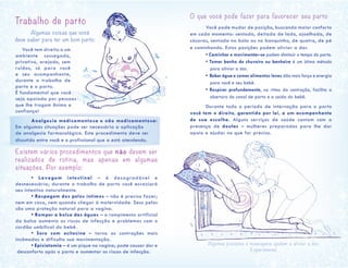 Você tem direito a um
ambiente sossegado,
privativo, arejado, sem
ruídos, só para você
e seu acompanhante,
durante o trabalho de
parto e o parto.
É fundamental que você
seja apoiada por pessoas
que lhe tragam ânimo e
confiança!
	Analgesia medicamentosa e não medicamentosa:
Em algumas situações pode ser necessária a aplicação
de analgesia farmacológica. Este procedimento deve ser
discutido entre você e o profissional que a está atendendo.
Existem vários procedimentos que não devem ser
realizados de rotina, mas apenas em algumas
situações. Por exemplo:
	 • Lavagem intestinal – é desagradável e
desnecessária; durante o trabalho de parto você esvaziará
seu intestino naturalmente.
	 • Raspagem dos pelos íntimos – não é preciso fazer;
nem em casa, nem quando chegar à maternidade. Seus pelos
são uma proteção natural para a vagina.
	 • Romper a bolsa das águas – o rompimento artificial
da bolsa aumenta os riscos de infecção e problemas com o
cordão umbilical do bebê.
	 • Soro com ocitocina – torna as contrações mais
incômodas e dificulta sua movimentação.
	 • Episiotomia – é um pique na vagina; pode causar dor e
desconforto após o parto e aumentar os riscos de infecção.
Trabalho de parto
	 Algumas coisas que você
deve saber para ter um bom parto:
O que você pode fazer para favorecer seu parto
	 Você pode mudar de posição, buscando maior conforto
em cada momento: sentada, deitada de lado, ajoelhada, de
cócoras, sentada na bola ou no banquinho, de quatro, de pé
e caminhando. Estas posições podem aliviar a dor.
	 • Caminhar e movimentar-se podem diminuir o tempo do parto.
	 • Tomar banho de chuveiro ou banheira é um ótimo método
	 para aliviar a dor.
	 • Beber água e comer alimentos leves dão mais força e energia
	 para você e seu bebê.
	 • Respirar profundamente, no ritmo da contração, facilita a
	 abertura do canal de parto e a saída do bebê.
	 Durante todo o período de internação para o parto
você tem o direito, garantido por lei, a um acompanhante
de sua escolha. Alguns serviços de saúde contam com a
presença de doulas – mulheres preparadas para lhe dar
apoio e ajudar no que for preciso.
Algumas posições e massagens ajudam a aliviar a dor.
Experimente!
 