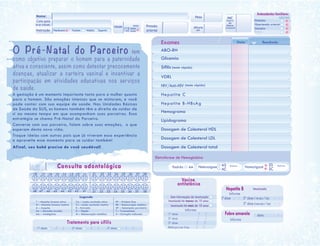 Eletroforese de Hemoglobina
Padrão AA Heterozigose AS
AC
SS
SCHomozigoze 0utros0utros
Exames Data Resultado
ABO-RH
Glicemia
Sífilis (teste rápido)
VDRL
HIV/Anti-HIV (teste rápido)
Hepatite C
Hepatite B-HBsAg
Hemograma
Lipidograma
Dosagem de Colesterol HDL
Dosagem de Colesterol LDL
Dosagem de Colesterol total
Antecedentes familiares
Diabetes
Hipertensão arterial
Gemelar
SIMNÃONome:
Como gosta
de ser chamado
Instrução Nenhuma Fundam. Médio Superior
Idade
15 anos
45 anos
anos
Peso
Altura
cm
IMC
Índice
de
Massa
Corporal
Pressão
arterial 0utros
Vacina
antitetânica
Sem informação de imunização
Imunizado há menos de 10 anos
Imunizado há mais de 10 anos
Hepatite B
Febre amarela
Informe
Informe
Informe
1ª dose / /
2ª dose / /
3ª dose / /
Reforço (acada10anos) / /
1ªdose / / 2ª dose (1mêsapósa1ªdose) / /
3ª dose (6mesesapósa1ªdose) / /
data / /
Imunizado
1ª dose / / 2ª dose / / 3ª dose / /
Consulta odontológica
48 47 46 45 44 43 42 41
18 17 16 15 14 13 12 11 21 22 23 24 25 26 27 28
31 32 33 34 35 36 37 38
Legenda
* – Mancha branca ativa
O – Mancha branca inativa
A – Ausente
Ae – Abrasão/erosão
Am – Amálgama
Ca – Lesão cavitada ativa
Ci – Lesão cavitada inativa
E – Extraído
H – Hígido
M – Restauração metálica
PF – Prótese fixa
RE – Restauração estética
SP – Selamento provisório
T – Traumatismo
X – Extração indicada
Tratamento para sífilis
O Pré-Natal do Parceiro tem
como objetivo preparar o homem para a paternidade
ativa e consciente, assim como detectar precocemente
doenças, atualizar a carteira vacinal e incentivar a
participação em atividades educativas nos serviços
de saúde.
A gestação é um momento importante tanto para a mulher quanto
para o homem. São emoções intensas que se misturam, e você
pode contar com sua equipe de saúde. Nas Unidades Básicas
de Saúde do SUS, os homens também têm o direito de cuidar de
si ao mesmo tempo em que acompanham suas parceiras. Essa
estratégia se chama Pré-Natal do Parceiro.
Converse com sua parceira, falem sobre suas emoções, o que
esperam desta nova vida.
Troque ideias com outros pais que já viveram essa experiência
e aproveite esse momento para se cuidar também!
Afinal, seu bebê precisa de você saudável!
 