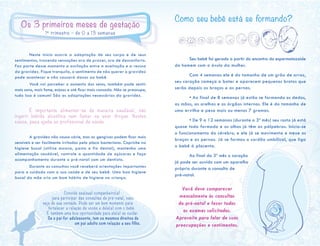 Como seu bebê está se formando?
	 Seu bebê foi gerado a partir do encontro do espermatozoide
do homem com o óvulo da mulher.
	 Com 4 semanas ele é do tamanho de um grão de arroz,
seu coração começa a bater e aparecem pequenos brotos que
serão depois os braços e as pernas.
	 • Ao final de 8 semanas já estão se formando os dedos,
as mãos, as orelhas e os órgãos internos. Ele é do tamanho de
uma ervilha e pesa mais ou menos 7 gramas.
	 • De 9 a 12 semanas (durante o 3º mês) seu rosto já está
quase todo formado e os olhos já têm as pálpebras. Inicia-se
o funcionamento do cérebro, e ele já se movimenta e mexe os
braços e as pernas. Já se formou o cordão umbilical, que liga
o bebê à placenta.
	 Ao final do 3º mês o coração
já pode ser ouvido com um aparelho
próprio durante a consulta de
pré-natal.
Convide seu(sua) companheiro(a)
para participar das consultas de pré-natal, caso
seja de sua vontade. Pode ser um bom momento para
fortalecer a relação de vocês e dele(a) com o bebê.
É também uma boa oportunidade para ele(a) se cuidar.
Se o pai for adolescente, tem os mesmos direitos de
um pai adulto com relação a seu filho.
Os 3 primeiros meses de gestação
1º trimestre – de 0 a 13 semanas
Você deve comparecer
mensalmente às consultas
do pré-natal e fazer todos
os exames solicitados.
Aproveite para falar de suas
preocupações e sentimentos.
	 Neste início ocorre a adaptação de seu corpo e de seus
sentimentos, trazendo sensações ora de prazer, ora de desconforto.
Faz parte desse momento a oscilação entre a aceitação e a recusa
da gravidez. Fique tranquila, o sentimento de não querer a gravidez
pode acontecer e não causará danos ao bebê.
	 Você vai perceber o aumento dos seios, também pode sentir
mais sono, mais fome, enjoos e até ficar mais cansada. Não se preocupe,
tudo isso é comum! São as adaptações necessárias da gravidez.
	 É importante alimentar-se de maneira saudável, não
ingerir bebida alcoólica nem fumar ou usar drogas. Nestes
casos, peça ajuda ao profissional de saúde.
	 A gravidez não causa cárie, mas as gengivas podem ficar mais
sensíveis e ser facilmente irritadas pela placa bacteriana. Capriche na
higiene bucal (utilize escova, pasta e fio dental), mantenha uma
alimentação saudável, controle a quantidade de açúcares e faça
acompanhamento durante o pré-natal com um dentista.
	 Durante as consultas você receberá orientações importantes
para o cuidado com a sua saúde e de seu bebê. Uma boa higiene
bucal da mãe cria um bom hábito de higiene na criança.
 