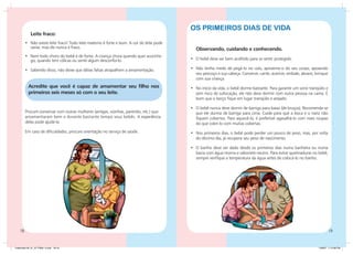 Os primeiros dias de vida
             Leite fraco:
         •	 Não existe leite fraco! Todo leite materno é forte e bom. A cor do leite pode
            variar, mas ele nunca é fraco.                                                     Observando, cuidando e conhecendo.
         •	 Nem todo choro do bebê é de fome. A criança chora quando quer aconche-
            go, quando tem cólicas ou sente algum desconforto.                              •	 O bebê deve ser bem acolhido para se sentir protegido.

         •	 Sabendo disso, não deixe que idéias falsas atrapalhem a amamentação.            •	 Não tenha medo de pegá-lo no colo, aproxime-o do seu corpo, apoiando
                                                                                               seu pescoço e sua cabeça. Converse, cante, acaricie, embale, abrace, brinque
                                                                                               com sua criança.
           Acredite que você é capaz de amamentar seu filho nos                             •	 No início da vida, o bebê dorme bastante. Para garantir um sono tranqüilo e
           primeiros seis meses só com o seu leite.                                            sem risco de sufocação, ele não deve dormir com outra pessoa na cama. É
                                                                                               bom que o berço fique em lugar tranqüilo e arejado.

                                                                                            •	 O bebê nunca deve dormir de barriga para baixo (de bruços). Recomenda-se
         Procure conversar com outras mulheres (amigas, vizinhas, parentes, etc.) que          que ele durma de barriga para cima. Cuide para que a boca e o nariz não
         amamentaram bem e durante bastante tempo seus bebês. A experiência                    fiquem cobertos. Para aquecê-lo, é preferível agasalhá-lo com mais roupas
         delas pode ajudá-la.                                                                  do que cobri-lo com muitas cobertas.
         Em caso de dificuldades, procure orientação no serviço de saúde.                   •	 Nos primeiros dias, o bebê pode perder um pouco de peso, mas, por volta
                                                                                               do décimo dia, já recupera seu peso de nascimento.

                                                                                            •	 O banho deve ser dado desde os primeiros dias numa banheira ou numa
                                                                                               bacia com água morna e sabonete neutro. Para evitar queimaduras no bebê,
                                                                                               sempre verifique a temperatura da água antes de colocá-lo no banho.




    18                                                                                                                                                                        19


Caderneta 26_01_07 FINAL 3.indd 18-19                                                                                                                                1/29/07 7:10:58 PM
 