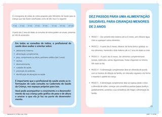 O cronograma de visitas de rotina proposto pelo Ministério da Saúde para as             DEZ PASSOS PARA UMA ALIMENTAÇÃO
         crianças que não foram classificadas como de alto risco é o seguinte:
                                                                                                 SAUDÁVEL PARA CRIANÇAS MENORES
          1º mês       2º mês           4º mês   6º mês   9º mês   12º mês   18º mês   24º mês
                                                                                                 DE 2 ANOS
         A partir dos 2 anos de idade, as consultas de rotina podem ser anuais, próximas
         ao mês de aniversário.	
                                                                                                 •	 PASSO 1 – Dar somente leite materno até os 6 meses, sem oferecer água,
                                                                                                    chás ou quaisquer outros alimentos.
               Em todas as consultas de rotina, o profissional de
               saúde deve avaliar e orientar sobre:                                              •	 PASSO 2 – A partir dos 6 meses, oferecer, de forma lenta e gradual, ou-

            •	 aleitamento materno;                                                                 tros alimentos, mantendo o leite materno até os 2 anos de idade ou mais.
            •	 alimentação complementar;
            •	 peso, comprimento ou altura, perímetro cefálico (até 2 anos);                     •	 PASSO 3 – A partir dos 6 meses, dar alimentos complementares

            •	 vacinas;                                                                             (cereais, tubérculos, carnes, leguminosas, frutas e legumes) no mínimo

            •	 desenvolvimento;                                                                     três vezes ao dia.

            •	 cuidados de saúde;
                                                                                                 •	 PASSO 4 – A alimentação complementar deve ser oferecida de acordo
            •	 prevenção de acidentes;
                                                                                                    com os horários de refeição da família, em intervalos regulares e de forma
            •	 identificação de alterações na saúde.
                                                                                                    a respeitar o apetite da criança.

               É importante que o profissional de saúde anote as in-
               formações de cada consulta na Caderneta de Saúde                                  •	 PASSO 5 – A alimentação complementar deve ser espessa desde o início
               da Criança, nos espaços próprios para isso.                                          e oferecida de colher; começar com consistência pastosa (papas /purês) e,
                                                                                                    gradativamente, aumentar a sua consistência até chegar à alimentação da
               Você pode acompanhar o crescimento e o desenvolvi-
               mento da sua criança pelo gráfico de peso e de altura                                família.
               e anotar o que ela já faz na parte de desenvolvi-
               mento.

    22                                                                                                                                                                           23


Caderneta 26_01_07 FINAL 3.indd 22-23                                                                                                                                    1/29/07 7:11:03 PM
 