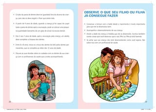 OBSERVE O QUE SEU FILHO OU FILHA
            •	 O tubo da pasta de dentes deve ser guardado fora do alcance da crian-
                                                                                           JÁ CONSEGUE FAZER
                 ça, pois não se deve engolir o flúor que existe nela.

            •	 A partir de 4 anos de idade, quando a criança já for capaz de cuspir        •	 Conversar e brincar com o bebê desde o nascimento é muito importante
                 toda a pasta de dentes após a escovação, pode-se colocar uma peque-          para que ele se desenvolva bem.

                 na quantidade (tamanho de um grão de arroz) na escova dental.             •	 Acompanhe o desenvolvimento de sua criança.
                                                                                           •	 Anote a idade da criança à medida que ela se desenvolve. Escreva também
            •	 Dos 3 aos 7 anos de idade, após a escovação pela criança, um adulto            outras coisas que você observou que o seu filho ou filha já está fazendo.
                 deve completar a limpeza dos dentes.                                      •	 Se achar que sua criança não está desenvolvendo como você espera, fale
                                                                                              sobre isso com um profissional de saúde.
            •	 Entre 6 e 8 anos, inicia-se a troca dos dentes de leite pelos dentes per-
                 manentes, que se completa ao redor dos 12 anos de idade.

            •	 Discuta as suas dúvidas sobre os cuidados com os dentes da sua crian-
                 ça com os profissionais de saúde que a estão acompanhando.




    28                                                                                                                                                                    29


Caderneta 26_01_07 FINAL 3.indd 28-29                                                                                                                            1/29/07 7:11:15 PM
 