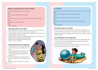 Desde o nascimento até 2 meses de idade                                         2 a 4 meses
           O bebê reconhece e acalma-se com a voz da mãe.                                  O bebê está mais ativo. Quando colocado de bruços, levanta a cabeça e os ombros.
                                                                                           Idade:
           Idade:
                                                                                           Segue com os olhos pessoas e objetos que estão perto dele.
           Olha o rosto das pessoas que estão próximas.
                                                                                           Idade:
           Idade:
                                                                                           Brinca com a voz e tenta “conversar”, falando aaa, ggg, rrr.
           Presta atenção quando ouve sons e assusta-se com ruídos inesperados e altos.
                                                                                           Idade:
           Idade:
                                                                                           Descobre as mãos, começa a brincar com elas e gosta de levá-las à boca.
           Responde ao sorriso com um sorriso.            		
                                                                                           Idade:
           Idade:
                                                                                           O que mais ele faz?
           O que mais ele faz?

             Desenvolvendo-se com afeto                                                      Desenvolvendo-se com afeto
         • Dêem importância à troca de olhares entre vocês e seu bebê, porque é           • Quando vocês oferecerem algo para seu bebê (comida, agasalho ou brin-
           desse modo que se iniciam as suas primeiras “conversas”.                         quedo), lembrem-se de esperar um pouco para ver a sua reação. Com isso,
         • Prestem atenção ao choro do bebê e tentem identificar as diferentes neces-       ele aprenderá a expressar aceitação, prazer e desconforto e vocês conhecerão
           sidades ligadas aos distintos choros.                                            melhor seu bebê.
         • Não se inibam em falar com seu filho daquele jeito carinhoso, aparentemente
           infantil, típico da linguagem das mães. Esse jeito                                Desenvolvendo-se com segurança
           de falar faz parte da profunda intimidade que se                               • Para evitar sufocamento, ajuste os lençóis sob o colchão, cuidando para que
           cria entre vocês e seu bebê.                                                     o rosto do bebê não tenha possibilidade de ser encoberto por lençóis,
                                                                                            cobertores, travesseiros e almofadas.
             Desenvolvendo-se com segurança                                               • No carro, desde o nascimento, a criança deve ir sempre no banco de trás, em
         • Existem hábitos e atitudes que promovem                                          berço apropriado para transporte, fixado no banco.		
            um ambiente seguro e saudável para o seu
            bebê.
         • Não deixe que ele fique sozinho em cima de
            qualquer móvel, nem por um segundo.
         • Nunca dê remédio que não tenha sido recei-
            tado para ele.
         • Para evitar queimaduras, antes de colocá-lo
           no banho, verifique sempre a temperatura da
           água.
         • Nunca use talco, pois pode causar sufoca-
           mento.
    30                                                                                                                                                                        31


Caderneta 26_01_07 FINAL 3.indd 30-31                                                                                                                                1/29/07 7:11:16 PM
 
