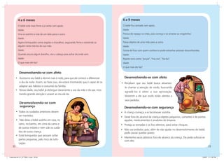 4 a 6 meses                                                                     6 a 9 meses
           O bebê está mais firme e já senta com apoio.                                    O bebê fica sentado sem apoio.
           Idade:                                                                          Idade:
           Vira-se sozinho e rola de um lado para o outro.                                 Precisa de espaço no chão, pois começa a se arrastar ou engatinhar.
           Idade:                                                                          Idade:
           Agarra brinquedos como argolas e chocalhos, segurando firme e resistindo se     Passa objetos de uma mão para a outra.
           alguém tenta tirá-los de sua mão.                                               Idade:
           Idade:                                                                          Gosta de ficar com quem conhece e pode estranhar pessoas desconhecidas.
           Quando escuta algum barulho, vira a cabeça para achar de onde vem.              Idade:
           Idade:                                                                          Repete sons como “pa-pa”, “ma-ma”, “ba-ba”.
           O que mais ele faz?                                                             Idade:
                                                                                           O que mais ele faz?

            Desenvolvendo-se com afeto
         • Acostume seu bebê a dormir mais à noite, para que ele comece a diferenciar        Desenvolvendo-se com afeto
           o dia da noite. Assim, ao fazer isso, ele estará mostrando que é capaz de se   • Percebam que seu bebê busca ativamen-
           adaptar aos hábitos e costumes da família.                                        te chamar a atenção de vocês, buscando
         • Nessa idade, seu bebê já distingue claramente a voz da mãe e do pai, mos-
                                                                                             agradá-los e obter a sua aprovação.
           trando grande atenção e prazer ao escutá-las.
                                                                                             Mostrem a ele que vocês estão atentos a
                                                                                             seus pedidos.
             Desenvolvendo-se com
             segurança                                                                       Desenvolvendo-se com segurança
         • Todos os cuidados anteriores devem                                             •	 A criança começa a se locomover sozinha.
           ser mantidos.                                                                  •	 Deixe fora do alcance da criança objetos pequenos, cortantes e de pontas
         • Não deixe o bebê sozinho em casa, no                                              agudas, medicamentos e produtos de limpeza.
           carro, no banho, em cima da cama e                                             •	 Proteja as tomadas e os fios elétricos, para evitar choques.
           de outros móveis e nem sob os cuida-
                                                                                          •	 Não use andador, pois, além de não ajudar no desenvolvimento do bebê,
           dos de outra criança.                                                             pode causar quedas graves.
         • Evite brinquedos que possam soltar
                                                                                          •	 Mantenha sacos plásticos fora do alcance da criança. Ela pode sufocar-se
           partes pequenas, pelo risco de sufo-                                              com eles.
           cação.
    32                                                                                                                                                                      33


Caderneta 26_01_07 FINAL 3.indd 32-33                                                                                                                                1/29/07 7:11:20 PM
 