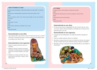 1 ano e 6 meses a 2 anos
                                                                                                         2 a 3 anos
           Começa a juntar duas palavras e a falar frases simples como “gato cadê?” ou “leite não”.	    É capaz de correr e subir escadas, com apoio do corrimão.
           Idade:                                                                                       Idade:
           Demonstra ter vontade própria, testa limites e fala muito a palavra “não”.                   Descobre que cada coisa tem um nome e pergunta o nome de tudo.
           Idade:                                                                                       Idade:
           Sobe em cadeiras e sofás. Corre, sobe e desce escadas, em pé, com auxílio de                 Gosta de brincar com outras crianças. 	
           um adulto.
                                                                                                        Idade:
           Idade:
                                                                                                        O que mais ele faz?
           Pode ajudar a se vestir.	
           Idade:
           Pode começar a aprender a controlar o xixi e o cocô.                                           Desenvolvendo-se com afeto
           Idade:                                                                                      • A criança irá aos poucos se desapegando da mãe e ficando cada vez menos
           O que mais ele faz?                                                                           no seu colo. Ajude-a oferecendo objetos ou atividades do seu interesse como
                                                                                                         alternativa para o seu colo.
                                                                                                          Desenvolvendo-se com segurança
             Desenvolvendo-se com afeto
                                                                                                       •	 A criança está mais independente, mas ainda não percebe as situações de
         • Sua criança já sabe o que é dela e o que é de vocês, mas quer ter o controle                   perigo.
           sobre tudo. É importante que vocês se sintam seguros em não satisfazer todas
                                                                                                       •	 Todos os cuidados anteriores devem ser mantidos.
           as vontades de seu filho ou filha.
                                                                                                       •	 Não deixe a criança brincar em locais com trânsito de veículos, sem supervi-
                                                                                                          são de um adulto, pois ela não entende o perigo e esquece as proibições.
             Desenvolvendo-se com segurança                                                            •	 Não deixe a criança se aproximar de cães desconhecidos ou que estejam se
         •	 Todos os cuidados anteriores devem ser                                                        alimentando.
            mantidos.
         •	 Redobre a atenção. Produtos de limpeza,
            inseticidas e remédios devem ser guardados
            sempre em armários fechados e em lugar
            alto.	
         •	 Verifique se o tanque está bem fixo, para
            evitar que ele caia sobre a criança e cause
            lesões graves.




    36                                                                                                                                                                                     37


Caderneta 26_01_07 FINAL 3.indd 36-37                                                                                                                                               1/29/07 7:11:39 PM
 
