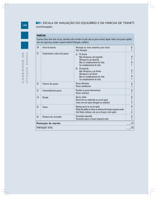 144
CADERNOS
DE
ATENÇÃO
BÁSICA
ESCALA DE AVALIAÇÃO DO EQUILÍBRIO E DA MARCHA DE TINNETI
(continuação)
MARCHA
A pessoa idosa deve estar em pé, caminhar pelo corredor ou pela sala no passo normal, depois voltar com passos rápidos,
mas com segurança usando o suporte habitual (bengala, andador).
10 Início da marcha
11 Comprimento e altura dos passos
12 Simetria dos passos
13 Continuidade dos passos
14 Direção
15 Tronco
16 Distância dos tornozelos
Hesitação ou várias tentativas para iniciar
Sem hesitação
a) Pé direito
Não ultrapassa o pé esquerdo.
Ultrapassa o pé esquerdo.
Não sai completamente do chão.
Sai completamente do chão
b) Péesquerdo.
Não ultrapassa o pé direito.
Ultrapassa o pé direito
Não sai completamente do chão.
Sai completamente do chão
Passos diferentes
Passos semelhantes
Paradas ou passos descontínuos
Passos contínuos
Desvio nítido
Desvio leve ou moderado ou uso de apoio
Linha reta sem apoio (bengala ou andador)
Balanço grave ou uso de apoio
Flexãodosjoelhosoudorsoouaberturadosbraços
Sem flexão, balanço, não usa os braços e nem apoio
Tornozelosseparados
Tornozelos quase se tocam enquanto anda
Pontuação do marcha ___/12
PONTUAÇÃO TOTAL ___/28
0
1
0
1
0
1
0
1
0
1
0
1
0
1
0
1
2
0
1
2
0
1
enquantoanda
 