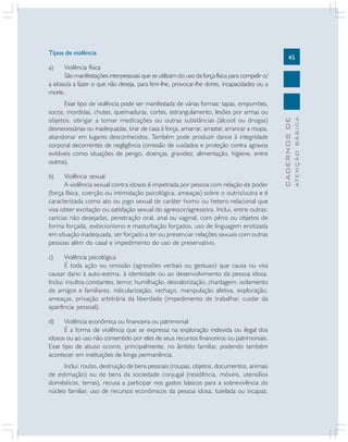 45
CADERNOS
DE
ATENÇÃO
BÁSICA
Tipos de violência
a) Violência física
São manifestações interpessoais que se utilizam do uso da força física para compelir o/
a idoso/a a fazer o que não deseja, para ferir-lhe, provocar-lhe dores, incapacidades ou a
morte.
Esse tipo de violência pode ser manifestada de várias formas: tapas, empurrões,
socos, mordidas, chutes, queimaduras, cortes, estrangulamento, lesões por armas ou
objetos, obrigar a tomar medicações ou outras substâncias (álcool ou drogas)
desnecessárias ou inadequadas, tirar de casa à força, amarrar, arrastar, arrancar a roupa,
abandonar em lugares desconhecidos. Também pode produzir danos à integridade
corporal decorrentes de negligência (omissão de cuidados e proteção contra agravos
evitáveis como situações de perigo, doenças, gravidez, alimentação, higiene, entre
outros).
b) Violência sexual
A violência sexual contra idosos é impetrada por pessoa com relação de poder
(força física, coerção ou intimidação psicológica, ameaças) sobre o outro/outra e é
caracterizada como ato ou jogo sexual de caráter homo ou hetero-relacional que
visa obter excitação ou satisfação sexual do agressor/agressora. Inclui, entre outras:
carícias não desejadas, penetração oral, anal ou vaginal, com pênis ou objetos de
forma forçada, exibicionismo e masturbação forçados, uso de linguagem erotizada
em situação inadequada, ser forçado a ter ou presenciar relações sexuais com outras
pessoas além do casal e impedimento do uso de preservativo.
c) Violência psicológica
É toda ação ou omissão (agressões verbais ou gestuais) que causa ou visa
causar dano à auto-estima, à identidade ou ao desenvolvimento da pessoa idosa.
Inclui: insultos constantes, terror, humilhação, desvalorização, chantagem, isolamento
de amigos e familiares, ridicularização, rechaço, manipulação afetiva, exploração,
ameaças, privação arbitrária da liberdade (impedimento de trabalhar, cuidar da
aparência pessoal).
d) Violência econômica ou financeira ou patrimonial
É a forma de violência que se expressa na exploração indevida ou ilegal dos
idosos ou ao uso não consentido por eles de seus recursos financeiros ou patrimoniais.
Esse tipo de abuso ocorre, principalmente, no âmbito familiar, podendo também
acontecer em instituições de longa permanência.
Inclui: roubo, destruição de bens pessoais (roupas, objetos, documentos, animais
de estimação) ou de bens da sociedade conjugal (residência, móveis, utensílios
domésticos, terras), recusa a participar nos gastos básicos para a sobrevivência do
núcleo familiar, uso de recursos econômicos da pessoa idosa, tutelada ou incapaz,
 