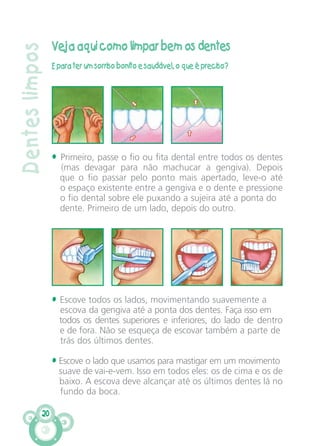 20
Denteslimpos
Veja aqui como limpar bem os dentes
E para ter um sorriso bonito e saudável, o que é preciso?
• Primeiro, passe o fio ou fita dental entre todos os dentes
(mas devagar para não machucar a gengiva). Depois
que o fio passar pelo ponto mais apertado, leve-o até
o espaço existente entre a gengiva e o dente e pressione
o fio dental sobre ele puxando a sujeira até a ponta do
dente. Primeiro de um lado, depois do outro.
• Escove todos os lados, movimentando suavemente a
escova da gengiva até a ponta dos dentes. Faça isso em
todos os dentes superiores e inferiores, do lado de dentro
e de fora. Não se esqueça de escovar também a parte de
trás dos últimos dentes.
• Escove o lado que usamos para mastigar em um movimento
suave de vai-e-vem. Isso em todos eles: os de cima e os de
baixo. A escova deve alcançar até os últimos dentes lá no
fundo da boca.
CARTILHA MENINOS 17_4:Layout 1 24/05/2012 13:59 Page 20
 