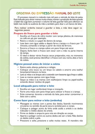 11
Caderneta de
Saúde da Criança
Ordenha ou expressão manual do leite
O processo manual é o método mais útil para a retirada do leite do peito.
Está indicado para aliviar mamas muito cheias,manter a produção de leite quando
o bebê não suga bem,aumentar o volume de leite,guardar leite para oferecer ao
bebê mais tarde na ausência da mãe e,também,para doar a um banco de leite.
Para realizar ordenha manual e guardar o leite, a mãe deve seguir os
seguintes passos:
Preparo do frasco para guardar o leite
•	 Escolha um frasco de vidro incolor com tampa plástica, de maionese
ou café em pó, por exemplo.
•	 Retire o rótulo e o papel de dentro da tampa.
•	 Lave bem com água sabão e depois ferva a tampa e o frasco por 15
minutos, contando o tempo a partir do início da fervura.
•	 Escorra o frasco e a tampa sobre um pano limpo até secar.
•	 Depois, feche bem o frasco sem tocar com a mão na parte interna
da tampa.
•	 O ideal é deixar vários frascos secos preparados, mas, no momento
da coleta,você precisa identificar o frasco com seu nome,data e hora
da coleta.
Higiene pessoal antes de iniciar a coleta
•	 Retire anéis, aliança, pulseiras e relógio.
•	 Coloque uma touca ou um lenço no cabelo e amarre uma toalha/
lenço/pano/máscara na boca.
•	 Lave as mãos e os braços até o cotovelo com bastante água limpa e sabão.
•	 Lave as mamas apenas com água limpa.
•	 Seque as mãos e as mamas com toalha/pano limpo ou papel-toalha,
evitando deixar resíduo de papel.
Local adequado para retirar o leite
•	 Escolha um lugar confortável, limpo e tranquilo.
•	 Forre uma mesa com pano limpo para colocar o frasco e a tampa.
•	 Evite conversar durante a retirada do leite, para evitar contaminar o
leite com a saliva.
Como fazer para retirar o leite (ordenha)
•	 Massageie as mamas com a ponta dos dedos, fazendo movimentos
circulares no sentido da parte escura (aréola) para o corpo.
•	 Coloque o polegar acima da linha onde acaba a aréola e os dedos
indicador e médio abaixo da aréola.
•	 Firme os dedos e empurre para trás em direção ao corpo.
•	 Aperte o polegar contra os outros dedos até sair o leite. Não deslize
os dedos sobre a pele.
•	 Pressione e solte, pressione e solte muitas vezes. A manobra não
 