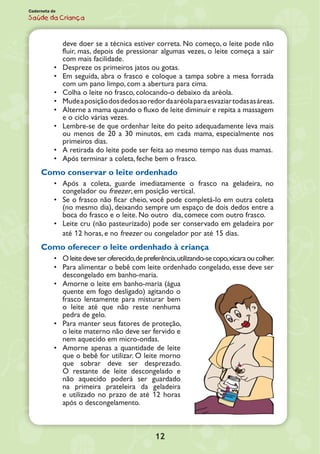 12
Caderneta de
Saúde da Criança
deve doer se a técnica estiver correta. No começo, o leite pode não
fluir, mas, depois de pressionar algumas vezes, o leite começa a sair
com mais facilidade.
•	 Despreze os primeiros jatos ou gotas.
•	 Em seguida, abra o frasco e coloque a tampa sobre a mesa forrada
com um pano limpo, com a abertura para cima.
•	 Colha o leite no frasco, colocando-o debaixo da aréola.
•	 Mudeaposiçãodosdedosaoredordaaréolaparaesvaziartodasasáreas.
•	 Alterne a mama quando o fluxo de leite diminuir e repita a massagem
e o ciclo várias vezes.
•	 Lembre-se de que ordenhar leite do peito adequadamente leva mais
ou menos de 20 a 30 minutos, em cada mama, especialmente nos
primeiros dias.
•	 A retirada do leite pode ser feita ao mesmo tempo nas duas mamas.
•	 Após terminar a coleta, feche bem o frasco.
Como conservar o leite ordenhado
•	 Após a coleta, guarde imediatamente o frasco na geladeira, no
congelador ou freezer, em posição vertical.
•	 Se o frasco não ficar cheio, você pode completá-lo em outra coleta
(no mesmo dia), deixando sempre um espaço de dois dedos entre a
boca do frasco e o leite. No outro dia, comece com outro frasco.
•	 Leite cru (não pasteurizado) pode ser conservado em geladeira por
até 12 horas, e no freezer ou congelador por até 15 dias.
Como oferecer o leite ordenhado à criança
•	 Oleitedeveseroferecido,depreferência,utilizando-secopo,xícaraoucolher.
•	 Para alimentar o bebê com leite ordenhado congelado, esse deve ser
descongelado em banho-maria.
•	 Amorne o leite em banho-maria (água
quente em fogo desligado) agitando o
frasco lentamente para misturar bem
o leite até que não reste nenhuma
pedra de gelo.
•	 Para manter seus fatores de proteção,
o leite materno não deve ser fervido e
nem aquecido em micro-ondas.
•	 Amorne apenas a quantidade de leite
que o bebê for utilizar. O leite morno
que sobrar deve ser desprezado.
O restante de leite descongelado e
não aquecido poderá ser guardado
na primeira prateleira da geladeira
e utilizado no prazo de até 12 horas
após o descongelamento.
 