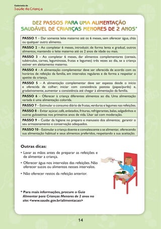 14
Caderneta de
Saúde da Criança
DEZ passos para uma alimentação
saudável de crianças menores de 2 anos*
PASSO 1 – Dar somente leite materno até os 6 meses, sem oferecer água, chás
ou qualquer outro alimento.
PASSO 2 – Ao completar 6 meses, introduzir, de forma lenta e gradual, outros
alimentos, mantendo o leite materno até os 2 anos de idade ou mais.
PASSO 3 – Ao completar 6 meses, dar alimentos complementares (cereais,
tubérculos, carnes, leguminosas, frutas e legumes) três vezes ao dia, se a criança
estiver em aleitamento materno.
PASSO 4 – A alimentação complementar deve ser oferecida de acordo com os
horários de refeição da família, em intervalos regulares e de forma a respeitar o
apetite da criança.
PASSO 5 – A alimentação complementar deve ser espessa desde o início
e oferecida de colher; iniciar com consistência pastosa (papas/purês) e,
gradativamente, aumentar a consistência até chegar à alimentação da família.
PASSO 6 – Oferecer à criança diferentes alimentos ao dia. Uma alimentação
variada é uma alimentação colorida.
PASSO 7 – Estimular o consumo diário de frutas,verduras e legumes nas refeições.
PASSO 8 – Evitar açúcar,café,enlatados,frituras,refrigerantes,balas,salgadinhos e
outras guloseimas nos primeiros anos de vida. Usar sal com moderação.
PASSO 9 – Cuidar da higiene no preparo e manuseio dos alimentos; garantir o
seu armazenamento e conservação adequados.
PASSO 10 – Estimular a criança doente e convalescente a se alimentar, oferecendo
sua alimentação habitual e seus alimentos preferidos, respeitando a sua aceitação.
Outras dicas:
•	Lavar as mãos antes de preparar as refeições e
de alimentar a criança.
•	Oferecer água nos intervalos das refeições. Não
oferecer sucos ou alimentos nesses intervalos.
•	Não oferecer restos da refeição anterior.
* Para mais informações, procure o Guia
Alimentar para Crianças Menores de 2 anos no
site: <www.saude.gov.br/alimentacao>
 
