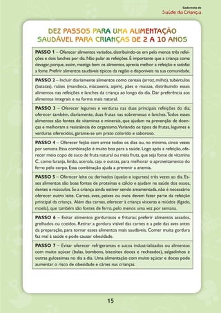 15
Caderneta de
Saúde da Criança
Dez passos para uma alimentação
saudável para crianças de 2 a 10 anos
PASSO 1 – Oferecer alimentos variados, distribuindo-os em pelo menos três refei-
ções e dois lanches por dia. Não pular as refeições. É importante que a criança coma
devagar, porque, assim, mastiga bem os alimentos, aprecia melhor a refeição e satisfaz
a fome.Prefirir alimentos saudáveis típicos da região e disponíveis na sua comunidade.
PASSO 2 – Incluir diariamente alimentos como cereais (arroz,milho),tubérculos
(batatas), raízes (mandioca, macaxeira, aipim), pães e massas, distribuindo esses
alimentos nas refeições e lanches da criança ao longo do dia. Dar preferência aos
alimentos integrais e na forma mais natural.
PASSO 3 – Oferecer legumes e verduras nas duas principais refeições do dia;
oferecer também, diariamente, duas frutas nas sobremesas e lanches.Todos esses
alimentos são fontes de vitaminas e minerais, que ajudam na prevenção de doen-
ças e melhoram a resistência do organismo.Variando os tipos de frutas, legumes e
verduras oferecidos, garante-se um prato colorido e saboroso.
PASSO 4 – Oferecer feijão com arroz todos os dias ou, no mínimo, cinco vezes
por semana. Essa combinação é muito boa para a saúde. Logo após a refeição, ofe-
recer meio copo de suco de fruta natural ou meia fruta,que seja fonte de vitamina
C, como laranja, limão, acerola, caju e outras, para melhorar o aproveitamento do
ferro pelo corpo. Essa combinação ajuda a prevenir a anemia.
PASSO 5 – Oferecer leite ou derivados (queijo e iogurtes) três vezes ao dia. Es-
ses alimentos são boas fontes de proteínas e cálcio e ajudam na saúde dos ossos,
dentes e músculos.Se a criança ainda estiver sendo amamentada,não é necessário
oferecer outro leite. Carnes, aves, peixes ou ovos devem fazer parte da refeição
principal da criança. Além das carnes,oferecer à criança vísceras e miúdos (fígado,
moela), que também são fontes de ferro, pelo menos uma vez por semana.
PASSO 6 – Evitar alimentos gordurosos e frituras; preferir alimentos assados,
grelhados ou cozidos. Retirar a gordura visível das carnes e a pele das aves antes
da preparação, para tornar esses alimentos mais saudáveis. Comer muita gordura
faz mal à saúde e pode causar obesidade.
PASSO 7 – Evitar oferecer refrigerantes e sucos industrializados ou alimentos
com muito açúcar (balas, bombons, biscoitos doces e recheados), salgadinhos e
outras guloseimas no dia a dia. Uma alimentação com muito açúcar e doces pode
aumentar o risco de obesidade e cáries nas crianças.
 