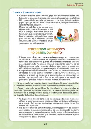 21
Caderneta de
Saúde da Criança
2 anos e 6 meses a 3 anos
•	 Converse bastante com a criança, peça para ela comentar sobre suas
brincadeiras e nomes de amigos,estimulando a linguagem e a inteligência.
•	 Dê oportunidade para ela ter contato com livros infantis, revistas,
papel, lápis, giz de cera. Leia, conte historinhas, brinque de desenhar,
recortar figuras, colagem.
•	 Mostre para ela figuras de animais, peças
do vestuário, objetos domésticos e esti-
mule a criança a falar sobre eles: o que
fazem,para que servem (ex.:quem mia?).
•	 Faça brincadeiras utilizando bola e peça
para a criança jogar a bola em sua dire-
ção, iniciando, assim, brincadeira envol-
vendo duas ou mais pessoas.
Percebendo alterações
no desenvolvimento
•	 É importante observar como a criança reage ao contato com
as pessoas e com o ambiente: se responde ao olhar, à conversa e ao
toque dos pais/cuidadores quando amamentada/alimentada, colocada
no colo, acariciada. Na criança maior, é importante observar se ela
habitualmente se isola, recusa-se a brincar com outras crianças, tem
dificuldade na linguagem ou apresenta gestos/movimentos repetitivos.
•	 É importante também observar se há atraso no desenvolvimento de
atividades motoras (como sustentar a cabeça, virar de bruços, en-
gatinhar e andar), na linguagem e comunicação, em memorizar, em
realizar alguma tarefa até o fim, na aprendizagem e na solução de
problemas práticos relacionados aos hábitos da vida diária.
Se a criança não age como você espera e seu desenvolvimento causa dúvidas
ou ansiedade na família,converse com o profissional de saúde sobre isso.
Quanto mais cedo um problema for identificado e tratado, melhor o
resultado. Qualquer atraso ou transtorno de desenvolvimento pode ser
minimizado se a criança receber atenção e estimulação adequadas, com a
participação da família e de profissionais.
•	 O diagnóstico de uma deficiência na criança pode gerar momentos
difíceis e sentimentos como medo, dúvidas, angústias e dificuldades
de aceitação.Todos esses sentimentos são normais diante de um fato
novo e não esperado.
•	 No caso de crianças com deficiência, informações sobre os cuidados
com a saúde e o conhecimento sobre os seus direitos são muito im-
portantes para o fortalecimento da família e para o desenvolvimento
de habilidades e capacidades que facilitem a independência e a parti-
cipação social dessas crianças.
 