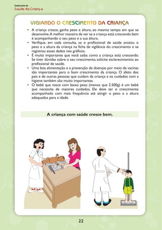 22
Caderneta de
Saúde da Criança
Vigiando o crescimento da criança
•	 A criança cresce, ganha peso e altura, ao mesmo tempo em que se
desenvolve.A melhor maneira de ver se a criança está crescendo bem
é acompanhando o seu peso e a sua altura.
•	 Verifique, em cada consulta, se o profissional de saúde anotou o
peso e a altura da criança na ficha de vigilância do crescimento e se
registrou esses dados nos gráficos.
•	 É muito importante que você saiba como a criança está crescendo.
Se tiver dúvidas sobre o seu crescimento, solicite esclarecimentos ao
profissional de saúde.
•	 Uma boa alimentação e a prevenção de doenças por meio de vacinas
são importantes para o bom crescimento da criança. O afeto dos
pais e de outras pessoas que cuidam da criança e os cuidados com a
higiene também são muito importantes.
•	 O bebê que nasce com baixo peso (menos que 2.500g) é um bebê
que necessita de maiores cuidados. Ele deve ter o crescimento
acompanhado com mais frequência até atingir o peso e a altura
adequados para a idade.
A criança com saúde cresce bem.
 