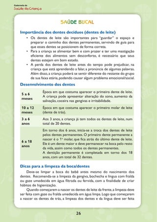 26
Caderneta de
Saúde da Criança
Saúde bucal
Importância dos dentes decíduos (dentes de leite)
•	 Os dentes de leite são importantes para “guardar” o espaço e
preparar o caminho dos dentes permanentes, servindo de guia para
que esses dentes se posicionem de forma correta.
•	 Para a criança se alimentar bem e com prazer e ter uma mastigação
eficiente dos alimentos sem desconforto, é necessário que seus
dentes estejam em bom estado.
•	 A perda dos dentes de leite antes do tempo pode prejudicar, na
criança que está aprendendo a falar, a pronúncia de algumas palavras.
Além disso, a criança poderá se sentir diferente do restante do grupo
de sua faixa etária, podendo causar algum problema emocional/social.
Desenvolvimento dos dentes
5 a 6
meses
Época em que costuma aparecer o primeiro dente de leite.
A criança pode apresentar alteração do sono, aumento da
salivação, coceira nas gengivas e irritabilidade.
10 a 12
meses
Época em que costuma aparecer o primeiro molar de leite
(dente de trás).
3 a 6
anos
Aos 3 anos, a criança já tem todos os dentes de leite, num
total de 20 dentes.
6 a 18
anos
Em torno dos 6 anos, inicia-se a troca dos dentes de leite
pelos dentes permanentes. O primeiro dente permanente a
nascer é o 1o
molar, que fica atrás do último dente de leite.
Ele é um dente maior e deve permanecer na boca pelo resto
da vida, assim como todos os dentes permanentes.
A dentição permanente é completada em torno dos 18
anos, com um total de 32 dentes.
Dicas para a limpeza da boca/dentes
Deve-se limpar a boca do bebê antes mesmo do nascimento dos
dentes. Recomenda-se a limpeza da gengiva, bochecha e língua com fralda
ou gaze umedecida em água filtrada ou fervida, com a finalidade de criar
hábitos de higienização.
Quando começarem a nascer os dentes de leite da frente,a limpeza deve
ser feita com gaze ou fralda umedecida em água limpa. Logo que começarem
a nascer os dentes de trás, a limpeza dos dentes e da língua deve ser feita
 