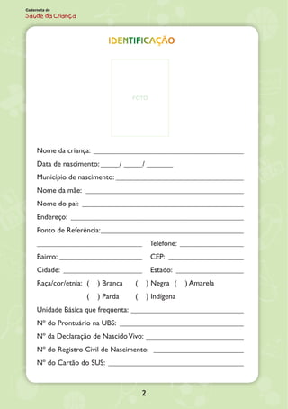 2
Caderneta de
Saúde da Criança
Identificação
Nome da criança:_________________________________________
Data de nascimento: _____/ _____/ _______
Município de nascimento:___________________________________
Nome da mãe: ___________________________________________
Nome do pai: ____________________________________________
Endereço: _______________________________________________
Ponto de Referência:_______________________________________
____________________________ 	Telefone: __________________
Bairro:_______________________	CEP: _____________________
Cidade: ______________________	Estado: ___________________
Raça/cor/etnia:	 ( ) Branca	 ( ) Negra	 ( ) Amarela
	 ( ) Parda	 ( ) Indígena
Unidade Básica que frequenta: _______________________________
Nº do Prontuário na UBS: __________________________________
Nº da Declaração de NascidoVivo:___________________________
Nº do Registro Civil de Nascimento: _________________________
Nº do Cartão do SUS: _____________________________________
FOTO
 