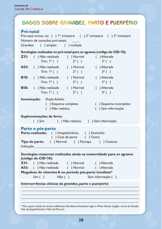 38
Caderneta de
Saúde da Criança
Dados sobre gravidez, parto e puerpério
Pré-natal
Pré-natal iniciou no: 	 ( ) 1º trimestre	 ( ) 2º trimestre	 ( ) 3º trimestre
Número de consultas pré-natais: 	 ____
Gravidez: 	 ( ) simples	 ( ) múltipla
Sorologias realizadas no pré-natal para os agravos (código do CID-10):
Z21:	 ( ) Não realizada	 ( ) Normal	 ( ) Alterada
	Trim. 1º ( )	 2º ( )	 3º ( )
A53:	 ( ) Não realizada	 ( ) Normal	 ( ) Alterada
	Trim. 1º ( )	 2º ( )	 3º ( )
B18:	 ( ) Não realizada	 ( ) Normal	 ( ) Alterada
	Trim. 1º ( )	 2º ( )	 3º ( )
B58:	 ( ) Não realizada	 ( ) Normal	 ( ) Alterada
	Trim. 1º ( )	 2º ( )	 3º ( )
Imunização:	 Dupla Adulto
	 ( ) Esquema completo	 ( ) Esquema incompleto
	 ( ) Não realizou	 ( ) Sem informação
Suplementações de ferro:
	 ( ) Sim	 ( ) Não realizou	 ( ) Sem informação
Parto e pós-parto
Parto realizado: 	 ( ) Hospital/clínica	 ( ) Domicílio
	 ( ) Casa de parto	 ( ) Outro
Tipo de parto:	 ( ) Normal	 ( ) Fórceps	 ( ) Cesáreo
Indicação ___________________________________________________________
Sorologias maternas realizadas ainda na maternidade para os agravos
(código do CID-10):
Z21:	 ( ) Não realizada	 ( ) Normal	 ( ) Alterada
A53:	 ( ) Não realizada	 ( ) Normal	 ( ) Alterada
Megadose de vitamina A no período pós-parto imediato*
	 Sim ( )	 Não ( )	 Sem informação ( )
Intercorrências clínicas da gravidez, parto e puerpério:
* Para quem reside em áreas endêmicas: Nordeste,Amazônia Legal e Minas Gerais (região norte do Estado,
Vale do Jequitinhonha eVale do Mucuri).
 