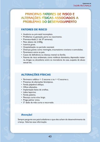 43
Caderneta de
Saúde da Criança
PRINCIPAIS FATORES DE RISCO E
ALTERAÇÕES FÍSICAS ASSOCIADOS A
PROBLEMAS Do DESENVOLVIMENTO
FATORES DE RISCO
•• Ausência ou pré-natal incompleto.
•• Problemas na gestação, parto ou nascimento.
•• Prematuridade (< de 37 semanas).
•• Peso abaixo de 2.500g.
•• Icterícia grave.
•• Hospitalização no período neonatal.
•• Doenças graves como meningite, traumatismo craniano e convulsões.
•• Parentesco entre os pais.
•• Casos de deficiência ou doença mental na família.
•• Fatores de risco ambientais, como violência doméstica, depressão mater-
na, drogas ou alcoolismo entre os moradores da casa, suspeita de abuso
sexual etc.
ALTERAÇÕES FÍSICAS
•	 Perímetro cefálico < -2 escores z ou > +2 escores z.
•	 Presença de alterações fenotípicas.
•• Fenda palpebral oblíqua.
•• Olhos afastados.
•• Implantação baixa de orelhas.
•• Lábio leporino.
•• Fenda palatina.
•• Pescoço curto e/ou largo.
•• Prega palmar única.
•• 5º dedo da mão curto e recurvado.
Atenção!
Sempre pergunte aos pais/cuidadores o que eles acham do desenvolvimento da
criança. Valorize essa informação.
 