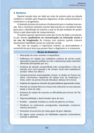51
Caderneta de
Saúde da Criança
2 Autismo
Especial atenção deve ser dada aos sinais de autismo, pela sua elevada
incidência e também pelo frequente diagnóstico tardio, comprometendo o
tratamento e o prognóstico.
A detecção precoce do autismo é fundamental para a imediata interven-
ção. Até o momento, inexistem exames laboratoriais ou marcadores bioló-
gicos para a identificação do autismo, a qual se dá pela avaliação do quadro
clínico e pela observação do comportamento.
O autismo aparece,tipicamente,antes dos 3 anos de idade e caracteriza-
se por desvios qualitativos na comunicação, na interação social e
no uso da imaginação. As crianças com autismo, quando crescem,
desenvolvem habilidades sociais em extensão variada.
No caso de suspeita, é importante orientar os pais/cuidadores e
encaminhá-los para locais que possam fazer o diagnóstico e o tratamento.
Sinais de Autismo
•	 Alterações do sono variáveis e inespecíficas.
•	 Indiferença em relação aos cuidadores, ausência de sorriso social,
desconforto quando acolhido no colo e desinteresse pelos estímulos
oferecidos (brinquedos por ex.).
•	 Ausência de atenção compartilhada (não compartilham o foco de
atenção com outra pessoa) e de contato visual (não estabelecem
contato “olhos nos olhos”).
•	 Comportamentos estereotipados (mexer os dedos em frente aos
olhos, movimentos repetitivos da cabeça e/ou de antebraços e
mãos, andar nas pontas dos pés descalços, balanço do tronco).
•	 Ausência de resposta ao chamado dos pais/cuidadores,aparentando surdez.
•	 Aversão ao contato físico (a criança evita relacionar-se com pessoas
desde o início da vida).
•	 Ausência de reação de surpresa ou dificuldade para brincar de “faz
de conta”.
•	 Hipersensibilidade a determinados tipos de sons.
•	 Ecolalia – repetição imediata ou tardia de palavras ou frases.
•	 Tendência ao isolamento, autoagressão, inquietação, comporta-
mentos estranhos.
•	 Interesses circunscritos (às vezes, gosta de girar objetos).
•	 Em alguns casos, presença de habilidades especiais (matemáticas,
musicais e plásticas).
 
