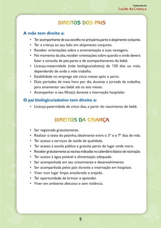 5
Caderneta de
Saúde da Criança
Direitos dos pais
A mãe tem direito a:
•	 Teracompanhantedesuaescolhanopré-parto,partoealojamentoconjunto.
•	 Ter a criança ao seu lado em alojamento conjunto.
•	 Receber orientações sobre a amamentação e suas vantagens.
•	 No momento da alta,receber orientações sobre quando e onde deverá
fazer a consulta de pós-parto e de acompanhamento do bebê.
•	 Licença-maternidade (mãe biológica/adotiva) de 120 dias ou mais,
dependendo de onde a mãe trabalha.
•	 Estabilidade no emprego até cinco meses após o parto.
•	 Dois períodos de meia hora por dia, durante a jornada de trabalho,
para amamentar seu bebê até os seis meses.
•	 Acompanhar o seu filho(a) durante a internação hospitalar.
O pai biológico/adotivo tem direito a:
•	 Licença-paternidade de cinco dias, a partir do nascimento do bebê.
Direitos da criança
•	 Ser registrada gratuitamente.
•	 Realizar o teste do pezinho, idealmente entre o 3º e o 7º dias de vida.
•	 Ter acesso a serviços de saúde de qualidade.
•	 Ter acesso à escola pública e gratuita perto do lugar onde mora.
•	 Recebergratuitamenteasvacinasindicadasnocalendáriobásicodevacinação.
•	 Ter acesso à água potável e alimentação adequada.
•	 Ser acompanhada em seu crescimento e desenvolvimento.
•	 Ser acompanhada pelos pais durante a internação em hospitais.
•	 Viver num lugar limpo, ensolarado e arejado.
•	 Ter oportunidade de brincar e aprender.
•	 Viver em ambiente afetuoso e sem violência.
 