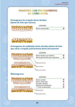 81
Caderneta de
Saúde da Criança
REGISTROS DOS PROCEDIMENTOS
DA SAÚDE BUCAL
Cronograma de erupção dente decíduo
(dente de leite que nasceu)
LEGENDA
Dente erupcionado: 	 n
Cronograma de exfoliação dente decíduo (dente de leite
que caiu) e erupção (nascimento) dente permanente
LEGENDA
Dente decíduo que exfoliou: 	 
Dente permanente que erupcionou: 	 n
Dente permanente
Dente de leite
Dente permanente
Odontograma
LEGENDA
Dente cariado:	 
Dente restaurado:	 n
Extração indicada:	 Ð
Pulpotomia/endodontia:	 q
1º molar erupcionado:	 n
Dente de leite
Dente permanente
 