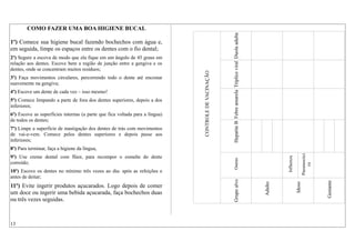 COMO FAZER UMA BOA HIGIENE BUCAL
1º) Comece sua higiene bucal fazendo bochechos com água e,
em seguida, limpe os espaços entre os dentes com o fio dental;
2º) Segure a escova de modo que ela fique em um ângulo de 45 graus em
relação aos dentes. Escove bem a região de junção entre a gengiva e os
dentes, onde se concentram muitos resíduos;
3º) Faça movimentos circulares, percorrendo todo o dente até encostar
suavemente na gengiva;
4º) Escove um dente de cada vez – isso mesmo!
5º) Comece limpando a parte de fora dos dentes superiores, depois a dos
inferiores;
6º) Escove as superfícies internas (a parte que fica voltada para a língua)
de todos os dentes;
7º) Limpe a superfície de mastigação dos dentes de trás com movimentos
de vai-e-vem. Comece pelos dentes superiores e depois passe aos
inferiores;
8º) Para terminar, faça a higiene da língua,
9º) Use creme dental com flúor, para recompor o esmalte do dente
corroído;
10º) Escove os dentes no mínimo três vezes ao dia: após as refeições e
antes de deitar;
11º) Evite ingerir produtos açucarados. Logo depois de comer
um doce ou ingerir uma bebida açucarada, faça bochechos duas
ou três vezes seguidas.
CONTROLEDEVACINAÇÃO
DuolaadultaTrípliceviralFebreamarelaHepatiteBOutras
Influenza
Pneumocóci
ca
Grupoalvo
Adulto
Idoso
Gestante
13
 