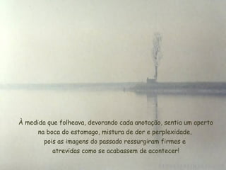 À medida que folheava, devorando cada anotação, sentia um aperto na boca do estomago, mistura de dor e perplexidade,  pois as imagens do passado ressurgiram firmes e  atrevidas como se acabassem de acontecer! 