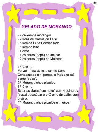 95
GELADO DE MORANGO
- 2 caixas de morangos
- 2 latas de Creme de Leite
- 1 lata de Leite Condensado
- 1 lata de leite
- 4 ovos
- 4 colheres (sopa) de açúcar
- 2 colheres (sopa) de Maisena
1º. Creme
Ferver 1 lata de leite com o Leite
Condensado e 4 gemas, a Maisena até
ponto “papa”.
2º. Moranguinhos picados
3º. Creme
Bater as claras “em neve” com 4 colheres
(sopa) de açúcar e o Creme de Leite, sem
o sôro.
4º. Moranguinhos picados e inteiros.
 