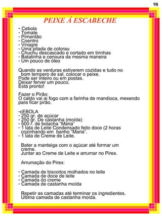 PEIXE Á ESCABECHE
- Cebola
- Tomate
- Pimentão
- Coentro
- Vinagre
- Uma pitada de colorau
- Chuchu descascado e cortado em tirinhas
- Batatinha e cenoura da mesma maneira
- Um pouco de óleo
Quando as verduras estiverem cozidas e tudo no
bom tempero de sal, colocar o peixe.
Pode ser inteiro ou em postas.
Deixar ferver um pouco.
Está pronto!
Fazer o Pirão:
O caldo vai ai fogo com a farinha de mandioca, mexendo
para ficar pirão.
-cEBOLA
- 250 gr. de açúcar
- 250 gr. De castanha (moída)
- 500 r. de bolacha “Maria”
- 1 lata de Leite Condensado feito doce (2 horas
cozinhando em banho “Maria”.
- 1 lata de Creme de Leite.
Bater a manteiga com o açúcar até formar um
creme.
Juntar ao Creme de Leite e arrumar no Pirex.
Arrumação do Pirex:
- Camada de biscoitos molhados no leite
- Camada de doce de leite
- Camada do creme
- Camada de castanha moída
Repetir as camadas até terminar os ingredientes.
Última camada de castanha moída.
98
 