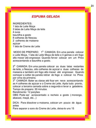 21
ESPUMA GELADA
INGREDIENTES:
1 lata de Leite Moça
3 latas de Leite Moça de leite
4 ovos
baunilha a gosto
8 colheres de Nescau
2 colheres de maisena
açúcar
1 lata de Creme de Leite
MODO DE PREPARO: 1A
CAMADA: Em uma panela colocar
o Leite Moça, 1 lata de Leite Moça de leite e 4 gemas e em fogo
alto mexer até engrossar. Quando ferver colocar em um Pirex
acrescentando a baunilha a gosto.
2A
CAMADA: Em uma panela colocar as duas latas restantes
de leite, o Nescau, oito colheres de açúcar e duas colheres de
maisena e também em fogo alto mexer até engrossar. Quando
começar a soltar da panela retirar do fogo e colocar no Pirex
por cima da primeira.
3A
CAMADA: Bater as claras até ficar em neve acrescentando
as 4 colheres de açúcar e o Creme de Leite. Após tudo pronto,
colocar a terceira camada sobre a segunda e levar a geladeira.
Tempo de preparo: 30 minutos
Rendimento: 12 porções
OBS: Pode ser acrescentado o recheio a gosto ( morango,
abacaxi, maçã, etc...)
DICA: Para dissolver a maisena, colocar um pouco de água
antes
Para separar o soro do Creme de Leite, deixa-lo uns 15
 
