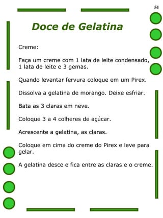 51
Doce de Gelatina
Creme:
Faça um creme com 1 lata de leite condensado,
1 lata de leite e 3 gemas.
Quando levantar fervura coloque em um Pirex.
Dissolva a gelatina de morango. Deixe esfriar.
Bata as 3 claras em neve.
Coloque 3 a 4 colheres de açúcar.
Acrescente a gelatina, as claras.
Coloque em cima do creme do Pirex e leve para
gelar.
A gelatina desce e fica entre as claras e o creme.
 