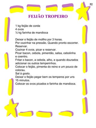 52
FEIJÃO TROPEIRO
1 kg feijão de corda
4 ovos
½ kg farinha de mandioca
Deixar o feijão de mollho por 3 horas.
Por cozinhar na pressão. Quando pronto escorrer.
Reservar.
Cozinar 4 ovos, picar e reservar.
Picar bacon, cebola, pimentão, salsa, cebolinha
e coentro.
Fritar o bacon, a cebola, alho, e quando dourados
adicionar os outros temperinhos.
Colocar o feijão, pimenta do reino e um pouco de
colorau.
Sal à gosto.
Deixar o feijão pegar bem os temperos por uns
15 minutos.
Colocar os ovos picados e farinha de mandioca.
 