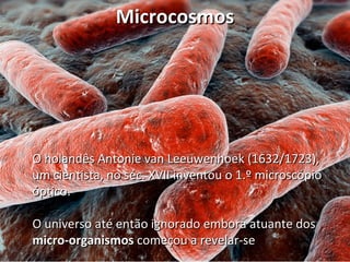 MMiiccrrooccoossmmooss 
OO hhoollaannddêêss AAnnttoonniiee vvaann LLeeeeuuwweennhhooeekk ((1663322//1772233)),, 
uumm cciieennttiissttaa,, nnoo sséécc.. XXVVIIII iinnvveennttoouu oo 1..º mmiiccrroossccóóppiioo 
óóppttiiccoo.. 
OO uunniivveerrssoo aattéé eennttããoo iiggnnoorraaddoo eemmbboorraa aattuuaannttee ddooss 
mmiiccrroo--oorrggaanniissmmooss ccoommeeççoouu aa rreevveellaarr--ssee 
 
