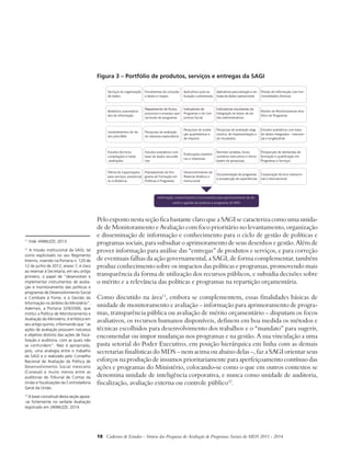 Figura 3 – Portfólio de produtos, serviços e entregas da SAGI 
Serviços de organização 
de dados 
Ferramentas de consulta 
a dados e mapas 
Aplicativos para ta-bulação 
customizada 
Aplicativos para extração e en-trada 
de dados operacionais 
Portais de informação com fun-cionalidades 
diversas 
Relatórios automatiza-dos 
de informação 
Mapeamento de fluxos, 
processos e arranjos ope-racionais 
de programas 
Indicadores de 
Programas e de Con-juntura 
Social 
Indicadores resultantes da 
Integração de bases de da-dos 
administrativos 
Painéis de Monitoramento Ana-lítico 
de Programas 
Levantamentos de da-dos 
pela Web 
Pesquisas de avaliação 
de natureza exploratória 
Pesquisas de avalia-ção 
quantitativas e 
de impacto 
Pesquisas de avaliação diag-nóstica, 
de implementação e 
de resultados 
Estudos avaliativos com base 
de dados integrados – transver-sal 
e longitudinal 
Estudos técnicos, 
compilações e meta- 
-avaliações 
Estudos avaliativos com 
base de dados secundá-rias 
Publicações eletrôni-cas 
e impressas 
Revistas seriadas, livros, 
sumários executivos e micro-dados 
de pesquisas, 
Prospecção de demandas de 
formação e qualificação em 
Programas e Serviços 
Oferta de Capacitações 
para serviços, presencial 
ou à distância 
Planejamento de Pro-grama 
de Formação em 
Políticas e Programas 
Desenvolvimento de 
Material didático e 
instrucional 
Documentação de programas 
e prospecção de experiências 
Cooperação técnica subnacio-nal 
e internacional 
Informação, conhecimento e instrumentos para aprimoramento do de-senho 
e gestão de políticas e programas do MDS 
Pelo exposto nesta seção fica bastante claro que a SAGI se caracteriza como uma unida-de 
de Monitoramento e Avaliação com foco prioritário no levantamento, organização 
e disseminação de informação e conhecimento para o ciclo de gestão de políticas e 
programas sociais, para subsidiar o aprimoramento de seus desenhos e gestão. Além de 
prover informação para análise das “entregas” de produtos e serviços, e para correção 
de eventuais falhas da ação governamental, a SAGI, de forma complementar, também 
produz conhecimento sobre os impactos das políticas e programas, promovendo mais 
transparência da forma de utilização dos recursos públicos, e subsidia decisões sobre 
o mérito e a relevância das políticas e programas na repartição orçamentária. 
Como discutido na área11, embora se complementem, essas finalidades básicas de 
unidade de monitoramento e avaliação – informação para aprimoramento de progra-mas, 
transparência pública ou avaliação de mérito orçamentário – disputam os focos 
avaliativos, os recursos humanos disponíveis, definem em boa medida os métodos e 
técnicas escolhidos para desenvolvimento dos trabalhos e o “mandato” para sugerir, 
encomendar ou impor mudanças nos programas e na gestão. A sua vinculação a uma 
pasta setorial do Poder Executivo, em posição hierárquica em linha com as demais 
secretarias finalísticas do MDS – nem acima ou abaixo delas –, faz a SAGI orientar seus 
esforços na produção de insumos prioritariamente para aperfeiçoamento contínuo das 
ações e programas do Ministério, colocando-se como o que em outros contextos se 
denomina unidade de inteligência corporativa, e nunca como unidade de auditoria, 
fiscalização, avaliação externa ou controle público12. 
18 Cadernos de Estudos - Síntese das Pesquisas de Avaliação de Programas Sociais do MDS 2011 - 2014 
11 Vide JANNUZZI, 2013. 
12 A missão institucional da SAGI, tal 
como explicitado no seu Regimento 
Interno, inserido na Portaria n. 120 de 
12 de junho de 2012, anexo 7, é clara 
ao reservar à Secretaria, em seu artigo 
primeiro, o papel de “desenvolver e 
implementar instrumentos de avalia-ção 
e monitoramento das políticas e 
programas de Desenvolvimento Social 
e Combate à Fome, e à Gestão da 
Informação no âmbito do Ministério”. 
Ademais, a Portaria 329/2006, que 
institui a Política de Monitoramento e 
Avaliação do Ministério, é enfática em 
seu artigo quinto, informando que “as 
ações de avaliação possuem natureza 
e objetivo distinto das ações de fisca-lização 
e auditoria, com as quais não 
se confundem”. Não é apropriada, 
pois, uma analogia entre o trabalho 
da SAGI e o realizado pelo Conselho 
Nacional de Avaliação da Política de 
Desenvolvimento Social mexicano 
(Coneval) e muito menos entre as 
auditorias do Tribunal de Contas da 
União e fiscalizações da Controladoria 
Geral da União. 
13 A base conceitual desta seção apoia- 
-se fortemente no verbete Avaliação 
registrado em JANNUZZI, 2014. 
 