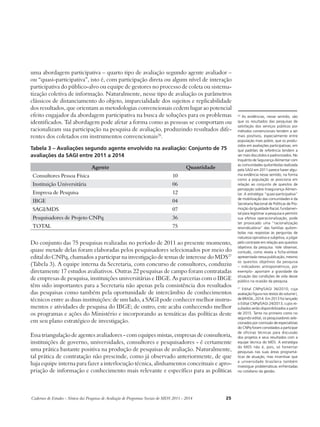 uma abordagem participativa – quarto tipo de avaliação segundo agente avaliador – 
ou “quasi-participativa”, isto é, com participação direta ou algum nível de interação 
participativa do público-alvo ou equipe de gestores no processo de coleta ou sistema-tização 
coletiva de informação. Naturalmente, nesse tipo de avaliação os parâmetros 
clássicos de distanciamento do objeto, imparcialidade dos sujeitos e replicabilidade 
dos resultados, que orientam as metodologias convencionais cedem lugar ao potencial 
efeito engajador da abordagem participativa na busca de soluções para os problemas 
identificados. Tal abordagem pode afetar a forma como as pessoas se comportam ou 
racionalizam sua participação na pesquisa de avaliação, produzindo resultados dife-rentes 
dos coletados em instrumentos convencionais26. 
Tabela 3 – Avaliações segundo agente envolvido na avaliação: Conjunto de 75 
avaliações da SAGI entre 2011 a 2014 
Agente Quantidade 
Consultores Pessoa Física 10 
Instituição Universitária 06 
Empresa de Pesquisa 12 
IBGE 04 
SAGI/MDS 07 
Pesquisadores de Projeto CNPq 36 
TOTAL 75 
Do conjunto das 75 pesquisas realizadas no período de 2011 ao presente momento, 
quase metade delas foram elaboradas pelos pesquisadores selecionados por meio do 
edital do CNPq, chamados a participar na investigação de temas de interesse do MDS27 
(Tabela 3). A equipe interna da Secretaria, com concurso de consultores, conduziu 
diretamente 17 estudos avaliativos. Outras 22 pesquisas de campo foram contratadas 
de empresas de pesquisa, instituições universitárias e IBGE. As parcerias com o IBGE 
têm sido importantes para a Secretaria não apenas pela consistência dos resultados 
das pesquisas como também pela oportunidade de intercâmbio de conhecimentos 
técnicos entre as duas instituições: de um lado, a SAGI pode conhecer melhor instru-mentos 
e atividades de pesquisa do IBGE; de outro, este acaba conhecendo melhor 
os programas e ações do Ministério e incorporando as temáticas das políticas deste 
em seu plano estratégico de investigação. 
Essa triangulação de agentes avaliadores - com equipes mistas, empresas de consultoria, 
instituições de governo, universidades, consultores e pesquisadores - é certamente 
uma prática bastante positiva na produção de pesquisas de avaliação. Naturalmente, 
tal prática de contratação não prescinde, como já observado anteriormente, de que 
haja equipe interna para fazer a interlocução técnica, alinhamentos conceituais e apro-priação 
de informação e conhecimento mais relevante e específico para as políticas 
Cadernos de Estudos - Síntese das Pesquisas de Avaliação de Programas Sociais do MDS 2011 - 2014 25 
26 As evidências, nesse sentido, são 
que os resultados das pesquisas de 
satisfação dos serviços públicos por 
métodos convencionais tendem a ser 
mais positivos, especialmente entre 
população mais pobre, que os produ-zidos 
em avaliações participativas, em 
que padrões de referência tendem a 
ser mais discutidos e padronizados. No 
Inquérito de Segurança Alimentar com 
as comunidades quilombolas realizada 
pela SAGI em 2011 parece haver algu-ma 
evidência nesse sentido, na forma 
como a população se posiciona em 
relação ao conjunto de quesitos de 
percepção sobre Insegurança Alimen-tar. 
A estratégia “quasi-participativa” 
de mobilização das comunidades e da 
Secretaria Nacional de Políticas de Pro-moção 
da Igualdade Racial, fundamen-tal 
para legitimar a pesquisa e permitir 
sua efetiva operacionalização, pode 
ter provocado uma “racionalização 
reivindicatória” das famílias quilom-bolas 
nas respostas às perguntas de 
natureza opinativa e subjetiva, a julgar 
pelo contraste em relação aos quesitos 
objetivos da pesquisa. Vale observar, 
contudo, como revela a ficha-síntese 
apresentada nessa publicação, mesmo 
os quesitos objetivos da pesquisa 
– indicadores antropométricos, por 
exemplo- apontam a gravidade da 
situação das condições de vida desse 
público na ocasião da pesquisa. 
27 Edital CNPq/SAGI 36/2010, cuja 
avaliação figura nos textos do volume I, 
de BRASIL, 2014. Em 2013 foi lançado 
o Edital CNPq/SAGI 24/2013, cujos re-sultados 
serão disponibilizados a partir 
de 2015. Tanto no primeiro como no 
segundo edital, os pesquisadores sele-cionados 
por comissão de especialistas 
do CNPq foram convidados a participar 
de oficinas técnicas para discussão 
dos projetos e seus resultados com a 
equipe técnica do MDS. A estratégia 
do MDS não é, pois, só fomentar 
pesquisas nas suas áreas programá-ticas 
de atuação, mas incentivar que 
a universidade brasileira também 
investigue problemáticas enfrentadas 
no cotidiano da gestão. 
 