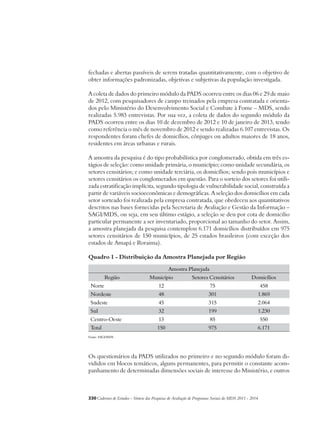 fechadas e abertas passíveis de serem tratadas quantitativamente, com o objetivo de 
obter informações padronizadas, objetivas e subjetivas da população investigada. 
A coleta de dados do primeiro módulo da PADS ocorreu entre os dias 06 e 29 de maio 
de 2012, com pesquisadores de campo treinados pela empresa contratada e orienta-dos 
pelo Ministério do Desenvolvimento Social e Combate à Fome – MDS, sendo 
realizadas 5.983 entrevistas. Por sua vez, a coleta de dados do segundo módulo da 
PADS ocorreu entre os dias 10 de dezembro de 2012 e 10 de janeiro de 2013, tendo 
como referência o mês de novembro de 2012 e sendo realizadas 6.107 entrevistas. Os 
respondentes foram chefes de domicílios, cônjuges ou adultos maiores de 18 anos, 
residentes em áreas urbanas e rurais. 
A amostra da pesquisa é do tipo probabilística por conglomerado, obtida em três es-tágios 
de seleção: como unidade primária, o município; como unidade secundária, os 
setores censitários; e como unidade terciária, os domicílios; sendo pois municípios e 
setores censitários os conglomerados em questão. Para o sorteio dos setores foi utili-zada 
estratificação implícita, segundo tipologia de vulnerabilidade social, construída a 
partir de variáveis socioeconômicas e demográficas. A seleção dos domicílios em cada 
setor sorteado foi realizada pela empresa contratada, que obedeceu aos quantitativos 
descritos nas bases fornecidas pela Secretaria de Avaliação e Gestão da Informação – 
SAGI/MDS, ou seja, em seu último estágio, a seleção se deu por cota de domicilio 
particular permanente a ser inventariado, proporcional ao tamanho do setor. Assim, 
a amostra planejada da pesquisa contemplou 6.171 domicílios distribuídos em 975 
setores censitários de 150 municípios, de 25 estados brasileiros (com exceção dos 
estados de Amapá e Roraima). 
Quadro 1 - Distribuição da Amostra Planejada por Região 
Amostra Planejada 
Região Município Setores Censitários Domicílios 
Norte 12 75 458 
Nordeste 48 301 1.869 
Sudeste 45 315 2.064 
Sul 32 199 1.230 
Centro-Oeste 13 85 550 
Total 150 975 6.171 
Fonte: SAGI/MDS 
Os questionários da PADS utilizados no primeiro e no segundo módulo foram di-vididos 
em blocos temáticos, alguns permanentes, para permitir o constante acom-panhamento 
de determinadas dimensões sociais de interesse do Ministério, e outros 
330Cadernos de Estudos - Síntese das Pesquisas de Avaliação de Programas Sociais do MDS 2011 - 2014 
 