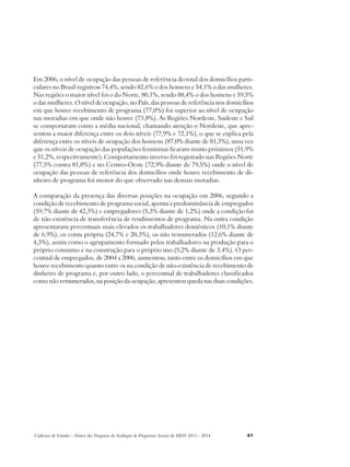 Em 2006, o nível de ocupação das pessoas de referência do total dos domicílios parti-culares 
no Brasil registrou 74,4%, sendo 82,6% o dos homens e 54,1% o das mulheres. 
Nas regiões o maior nível foi o do Norte, 80,1%, sendo 88,4% o dos homens e 59,5% 
o das mulheres. O nível de ocupação, no País, das pessoas de referência nos domicílios 
em que houve recebimento de programa (77,0%) foi superior ao nível de ocupação 
nas moradias em que onde não houve (73,8%). As Regiões Nordeste, Sudeste e Sul 
se comportaram como a média nacional, chamando atenção o Nordeste, que apre-sentou 
a maior diferença entre os dois níveis (77,9% e 72,1%), o que se explica pela 
diferença entre os níveis de ocupação dos homens (87,0% diante de 81,3%), uma vez 
que os níveis de ocupação das populações femininas ficaram muito próximos (51,9% 
e 51,2%, respectivamente). Comportamento inverso foi registrado nas Regiões Norte 
(77,5% contra 81,0%) e no Centro-Oeste (72,9% diante de 79,5%) onde o nível de 
ocupação das pessoas de referência dos domicílios onde houve recebimento de di-nheiro 
de programa foi menor do que observado nas demais moradias. 
A comparação da presença das diversas posições na ocupação em 2006, segundo a 
condição de recebimento de programa social, aponta a predominância de empregados 
(59,7% diante de 42,3%) e empregadores (5,3% diante de 1,2%) onde a condição foi 
de não existência de transferência de rendimentos de programa. Na outra condição 
apresentaram percentuais mais elevados os trabalhadores domésticos (10,1% diante 
de 6,9%), os conta própria (24,7% e 20,3%), os não remunerados (12,6% diante de 
4,3%), assim como o agrupamento formado pelos trabalhadores na produção para o 
próprio consumo e na construção para o próprio uso (9,2% diante de 3,4%). O per-centual 
de empregados, de 2004 a 2006, aumentou, tanto entre os domicílios em que 
houve recebimento quanto entre os na condição de não-existência de recebimento de 
dinheiro de programa e, por outro lado, o percentual de trabalhadores classificados 
como não remunerados, na posição da ocupação, apresentou queda nas duas condições. 
Cadernos de Estudos - Síntese das Pesquisas de Avaliação de Programas Sociais do MDS 2011 - 2014 41 
 