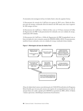 A sistemática da montagem da base de dados final se deu da seguinte forma: 
1) Pareamento de extração do CadÚnico de agosto de 2013 com a Tabela de Elos, 
por meio de merges, mantendo além do número do NIS atual, mais cinco registros 
de NIS antigos na base. 
2) Pareamento do CadÚnico e Tabela de Elos com as 114 bases mensais de Folha 
de Pagamentos do PBF. Cada pareamento foi realizado com seis rodadas de merge, 
totalizando 684 rodadas. 
3) Pareamento do CadÚnico e Folha de Pagamentos do PBF Longitudinal com as 
bases de dados de cinco extrações anuais do SISVAN (2008 a 2012). Os pareamentos 
também foram realizados com seis rodadas de merge, totalizado trinta rodadas. 
Figura 1: Montagem da base de dados fi nal 
A base de dados final contou com informações de 9.042.859 beneficiários do Programa 
Bolsa Família que tiveram pelo menos um registro de acompanhamento na rede de 
atenção básica de saúde captado pelo SISVAN no período de 2008 a 2012. A Tabela 
1 abaixo apresenta a distribuição anual destes beneficiários: 
46 Cadernos de Estudos - Desenvolvimento Social em Debate 
 