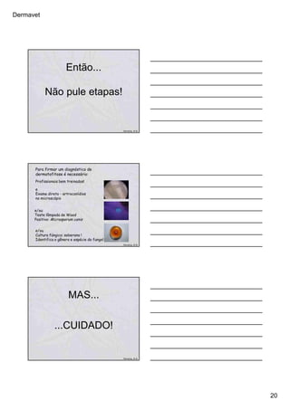 Dermavet
20
Então...
Não pule etapas!
Ferreira, R.R.
Para firmar um diagnóstico de
dermatofitose é necessário:
e
Exame direto - artroconídios
no microscópio
e/ou
Teste lâmpada de Wood
Positivo: Microsporum canis
e/ou
Cultura fúngica: soberana !
Identifica o gênero e espécie do fungo!
Profissionais bem treinados!
Ferreira, R.R.
MAS...
...CUIDADO!
Ferreira, R.R.
 