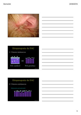 DermaVet 24/08/2016
5
Ferreira, R.R.
H2
O
H2
O H2
O
Pele pruríticaPele saudável
Ferreira, R.R.
Etiopatogenia da DAC
1- Fatores intrínsecos
Malassezia pachydermatis
Ferreira, R.R.
Etiopatogenia da DAC
2- Fatores extrínsecos
 