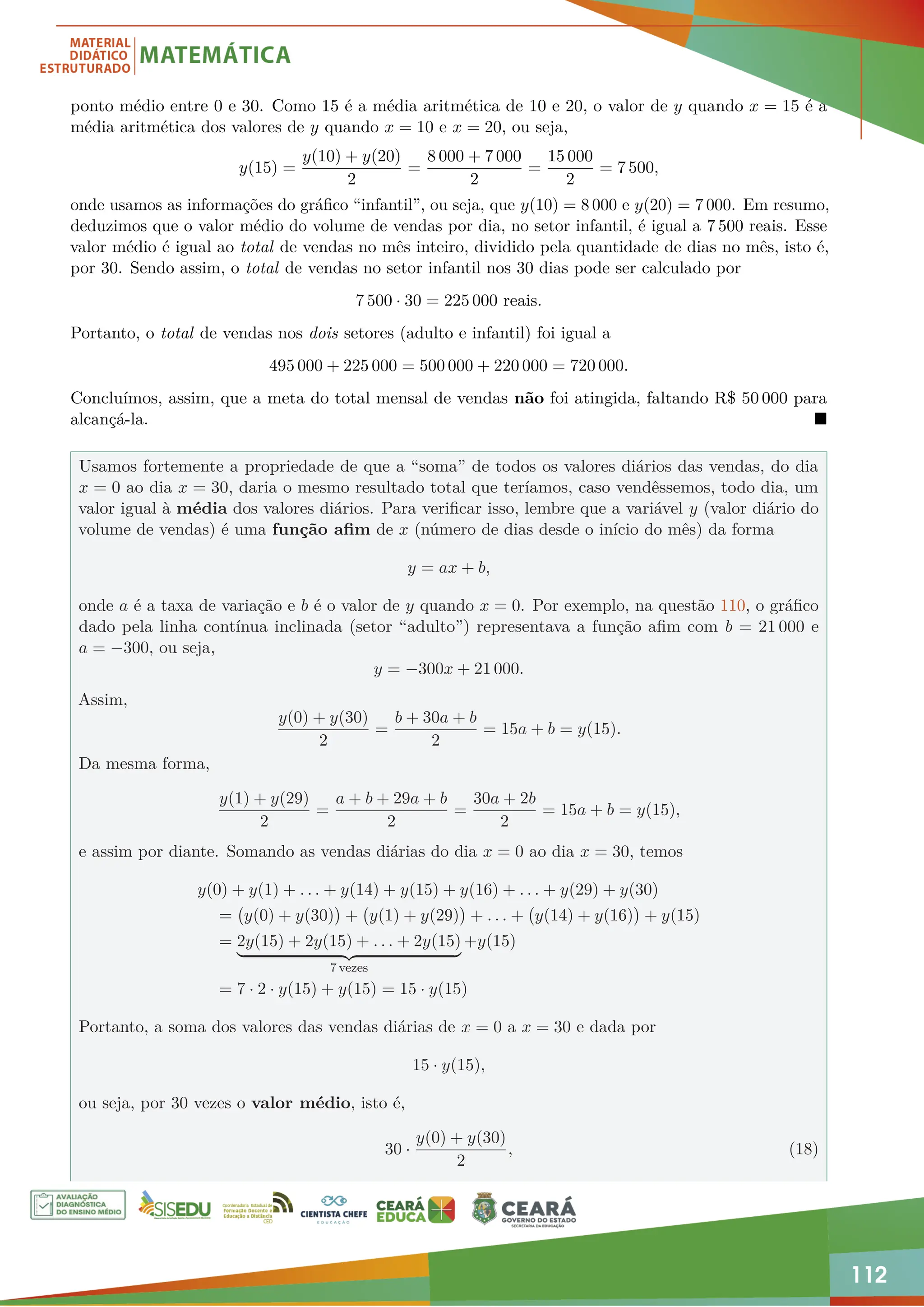 112
ponto médio entre 0 e 30. Como 15 é a média aritmética de 10 e 20, o valor de y quando x = 15 é a
média aritmética dos valores de y quando x = 10 e x = 20, ou seja,
y(15) =
y(10) + y(20)
2
=
8 000 + 7 000
2
=
15 000
2
= 7 500,
onde usamos as informações do gráfico “infantil”, ou seja, que y(10) = 8 000 e y(20) = 7 000. Em resumo,
deduzimos que o valor médio do volume de vendas por dia, no setor infantil, é igual a 7 500 reais. Esse
valor médio é igual ao total de vendas no mês inteiro, dividido pela quantidade de dias no mês, isto é,
por 30. Sendo assim, o total de vendas no setor infantil nos 30 dias pode ser calculado por
7 500 · 30 = 225 000 reais.
Portanto, o total de vendas nos dois setores (adulto e infantil) foi igual a
495 000 + 225 000 = 500 000 + 220 000 = 720 000.
Concluímos, assim, que a meta do total mensal de vendas não foi atingida, faltando R$ 50 000 para
alcançá-la. 
Usamos fortemente a propriedade de que a “soma” de todos os valores diários das vendas, do dia
x = 0 ao dia x = 30, daria o mesmo resultado total que teríamos, caso vendêssemos, todo dia, um
valor igual à média dos valores diários. Para verificar isso, lembre que a variável y (valor diário do
volume de vendas) é uma função afim de x (número de dias desde o início do mês) da forma
y = ax + b,
onde a é a taxa de variação e b é o valor de y quando x = 0. Por exemplo, na questão 110, o gráfico
dado pela linha contínua inclinada (setor “adulto”) representava a função afim com b = 21 000 e
a = −300, ou seja,
y = −300x + 21 000.
Assim,
y(0) + y(30)
2
=
b + 30a + b
2
= 15a + b = y(15).
Da mesma forma,
y(1) + y(29)
2
=
a + b + 29a + b
2
=
30a + 2b
2
= 15a + b = y(15),
e assim por diante. Somando as vendas diárias do dia x = 0 ao dia x = 30, temos
y(0) + y(1) + . . . + y(14) + y(15) + y(16) + . . . + y(29) + y(30)
= y(0) + y(30)

+ y(1) + y(29)

+ . . . + y(14) + y(16)

+ y(15)
= 2y(15) + 2y(15) + . . . + 2y(15)
| {z }
7 vezes
+y(15)
= 7 · 2 · y(15) + y(15) = 15 · y(15)
Portanto, a soma dos valores das vendas diárias de x = 0 a x = 30 e dada por
15 · y(15),
ou seja, por 30 vezes o valor médio, isto é,
30 ·
y(0) + y(30)
2
, (18)
 