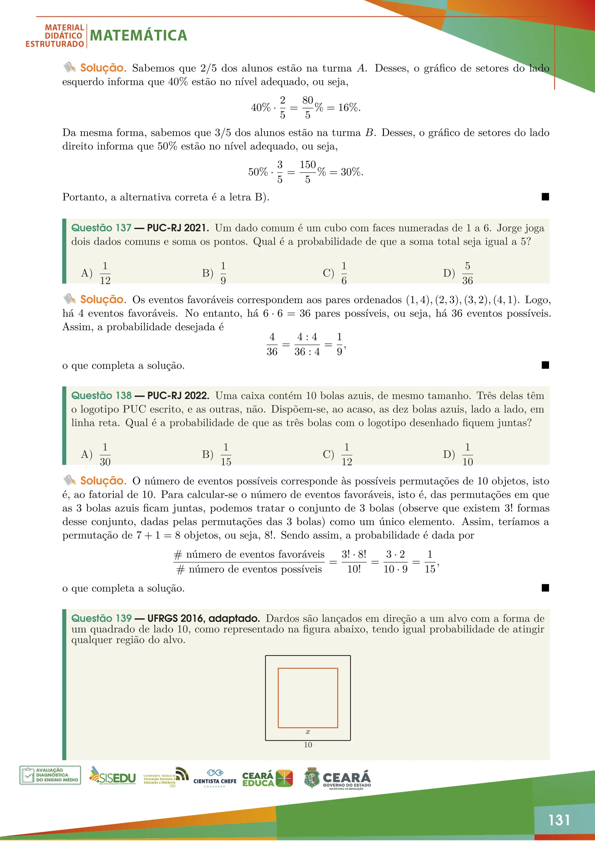 131
Solução. Sabemos que 2/5 dos alunos estão na turma A. Desses, o gráfico de setores do lado
esquerdo informa que 40% estão no nível adequado, ou seja,
40% ·
2
5
=
80
5
% = 16%.
Da mesma forma, sabemos que 3/5 dos alunos estão na turma B. Desses, o gráfico de setores do lado
direito informa que 50% estão no nível adequado, ou seja,
50% ·
3
5
=
150
5
% = 30%.
Portanto, a alternativa correta é a letra B). 
Questão 137 — PUC-RJ 2021. Um dado comum é um cubo com faces numeradas de 1 a 6. Jorge joga
dois dados comuns e soma os pontos. Qual é a probabilidade de que a soma total seja igual a 5?
A)
1
12
B)
1
9
C)
1
6
D)
5
36
Solução. Os eventos favoráveis correspondem aos pares ordenados (1, 4), (2, 3), (3, 2), (4, 1). Logo,
há 4 eventos favoráveis. No entanto, há 6 · 6 = 36 pares possíveis, ou seja, há 36 eventos possíveis.
Assim, a probabilidade desejada é
4
36
=
4 : 4
36 : 4
=
1
9
,
o que completa a solução. 
Questão 138 — PUC-RJ 2022. Uma caixa contém 10 bolas azuis, de mesmo tamanho. Três delas têm
o logotipo PUC escrito, e as outras, não. Dispõem-se, ao acaso, as dez bolas azuis, lado a lado, em
linha reta. Qual é a probabilidade de que as três bolas com o logotipo desenhado fiquem juntas?
A)
1
30
B)
1
15
C)
1
12
D)
1
10
Solução. O número de eventos possíveis corresponde às possíveis permutações de 10 objetos, isto
é, ao fatorial de 10. Para calcular-se o número de eventos favoráveis, isto é, das permutações em que
as 3 bolas azuis ficam juntas, podemos tratar o conjunto de 3 bolas (observe que existem 3! formas
desse conjunto, dadas pelas permutações das 3 bolas) como um único elemento. Assim, teríamos a
permutação de 7 + 1 = 8 objetos, ou seja, 8!. Sendo assim, a probabilidade é dada por
# número de eventos favoráveis
# número de eventos possíveis
=
3! · 8!
10!
=
3 · 2
10 · 9
=
1
15
,
o que completa a solução. 
Questão 139 — UFRGS 2016, adaptado. Dardos são lançados em direção a um alvo com a forma de
um quadrado de lado 10, como representado na figura abaixo, tendo igual probabilidade de atingir
qualquer região do alvo.
x
10
 